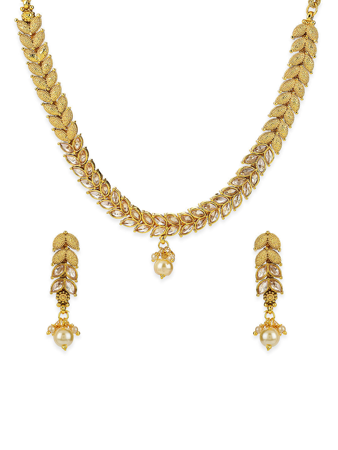 Pearls Stones Gold Plated Leaf Jewellery Set - NOZ2TOZ