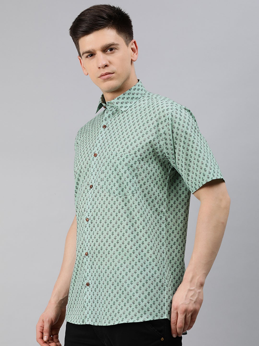 Sea Green  Cotton Short Sleeves Shirts For Men-MMH0 - NOZ2TOZ