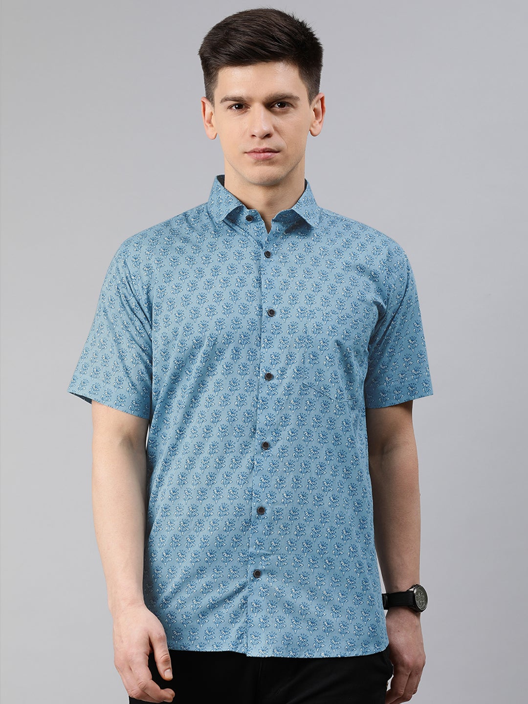 Blue Cotton Short Sleeves Shirts For Men-MMH02 - NOZ2TOZ