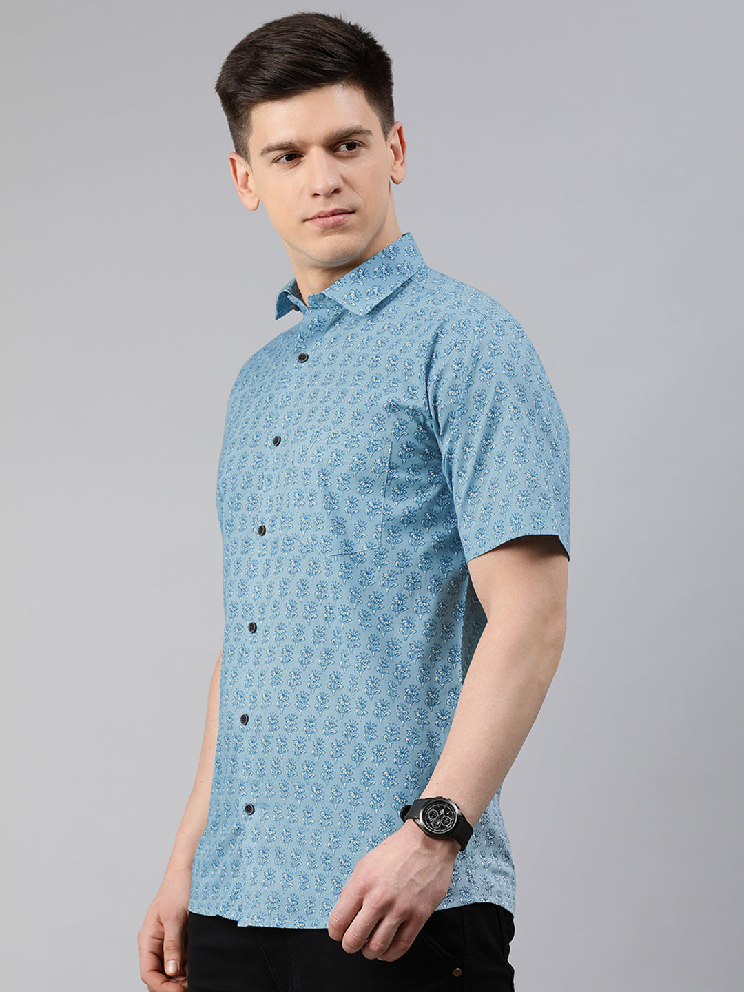 Blue Cotton Short Sleeves Shirts For Men-MMH02 - NOZ2TOZ