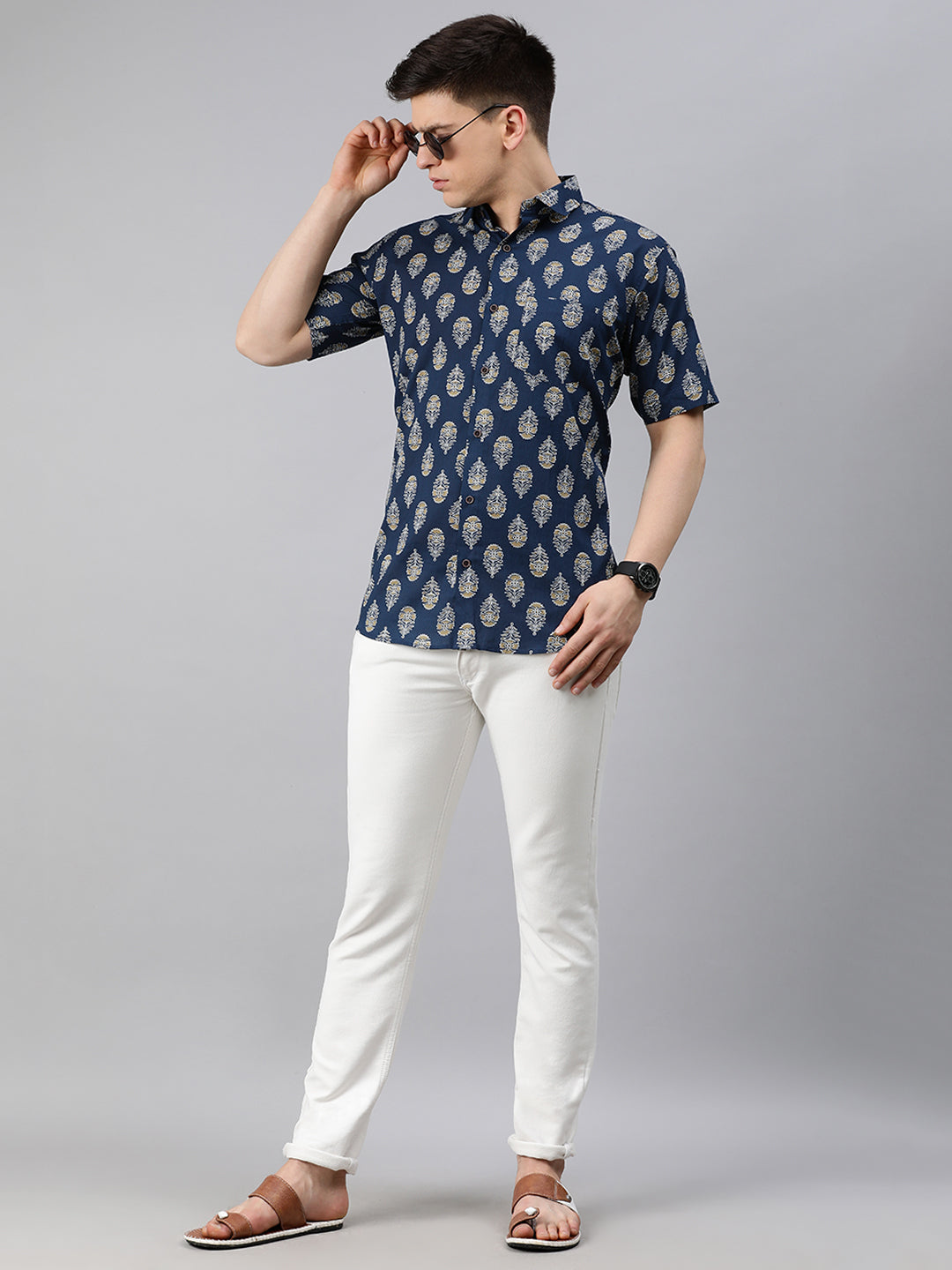 Nevy Blue Cotton Short Sleeves Shirts For Men-MMH022 - NOZ2TOZ