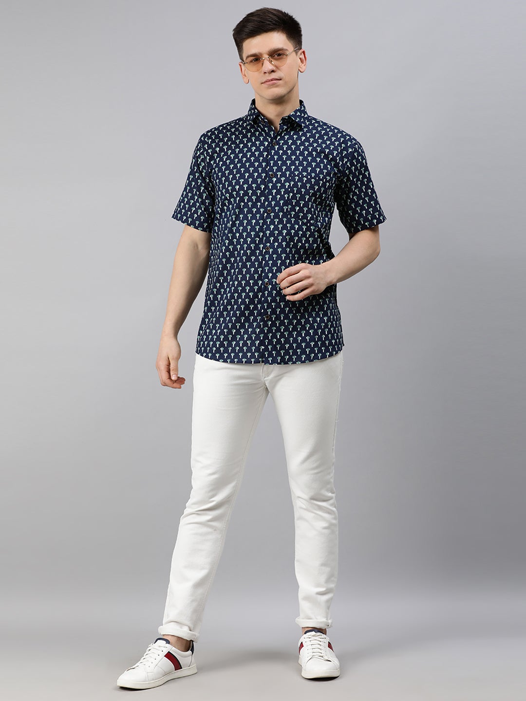 Nevy Blue Cotton Short Sleeves Shirts For Men-MMH024 - NOZ2TOZ
