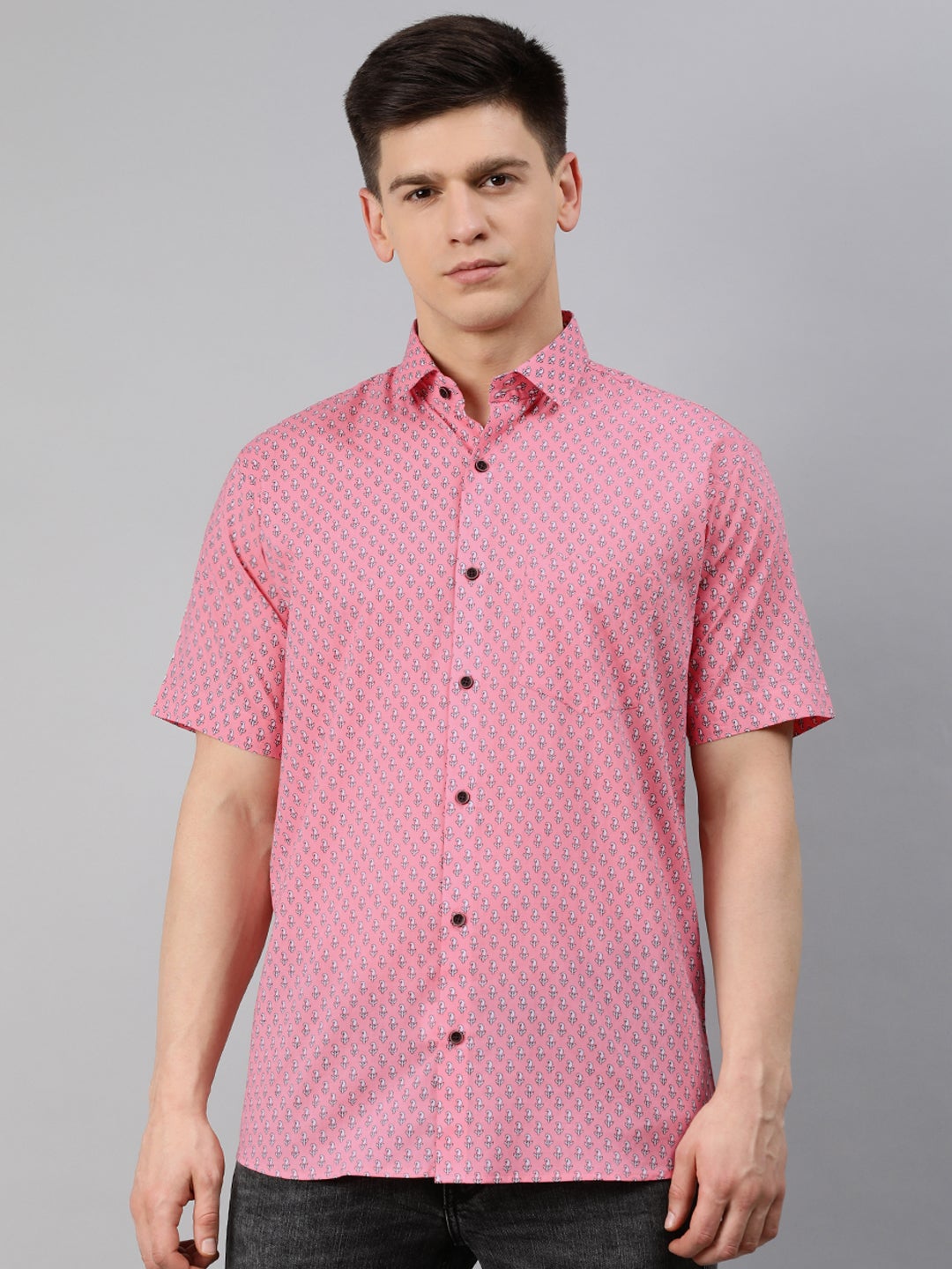 Pink Cotton Short Sleeves Shirts For Men-MMH025 - NOZ2TOZ