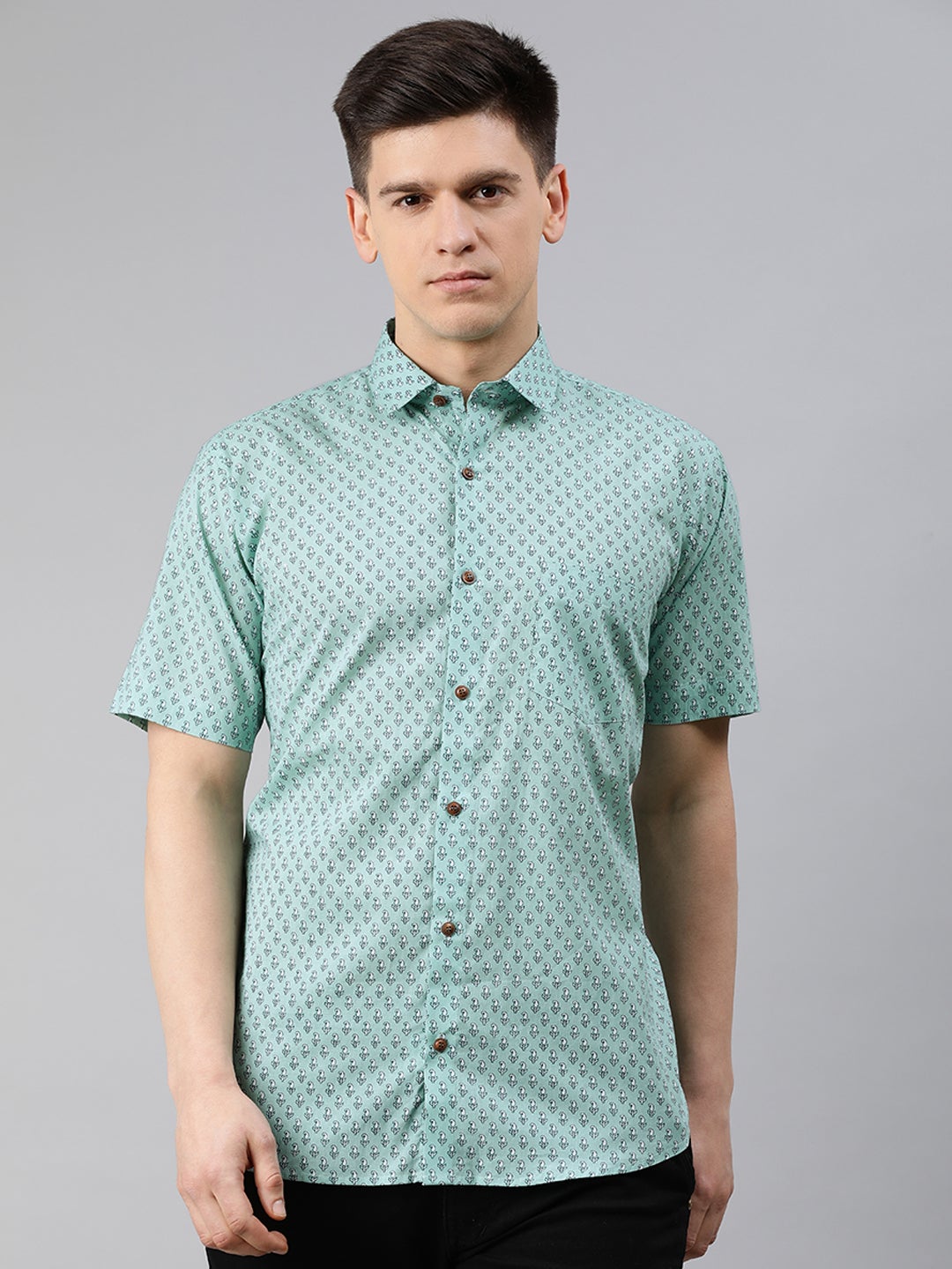 Sea Green Cotton Short Sleeves Shirts For Men-MMH026 - NOZ2TOZ