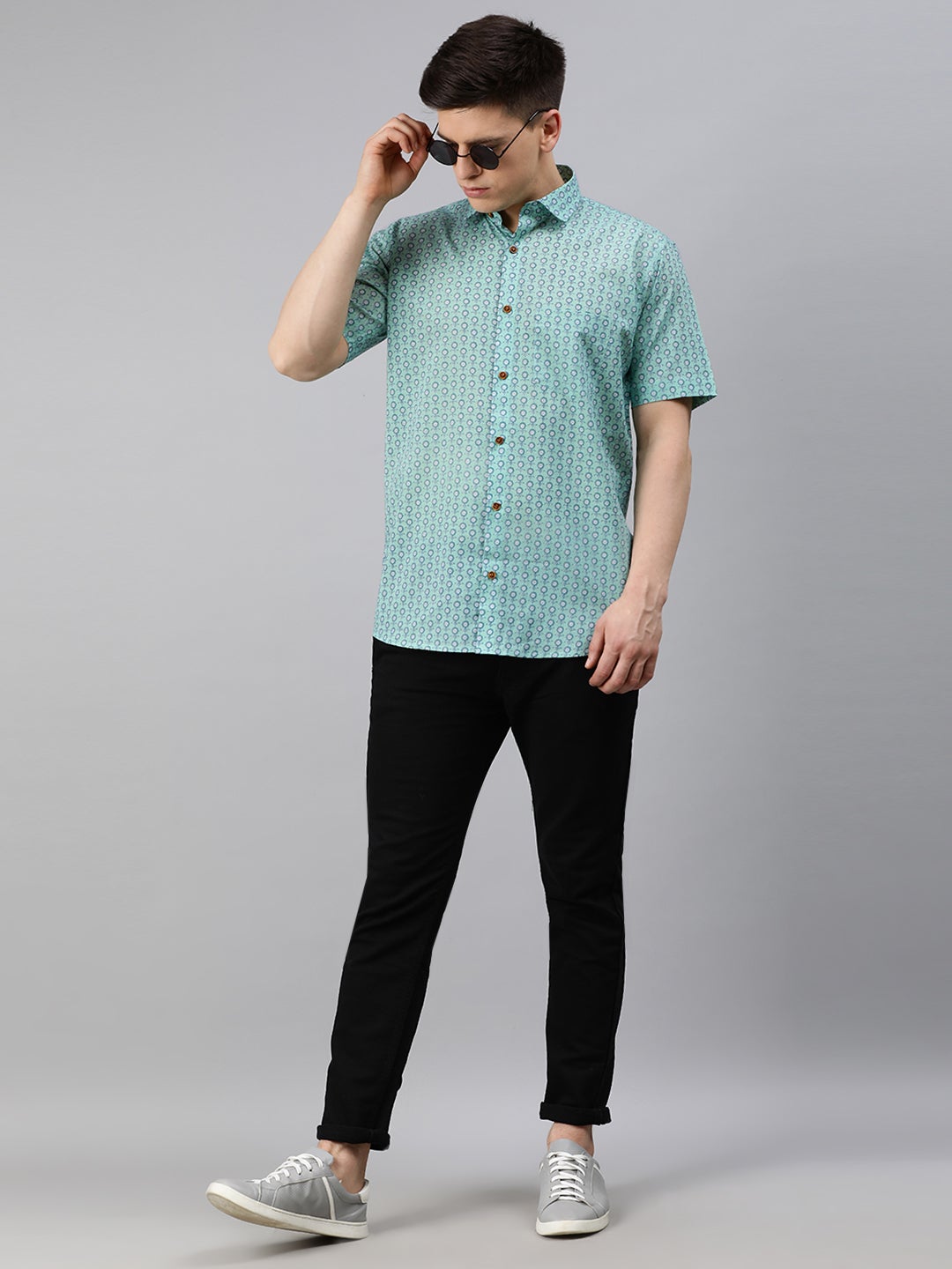 Sea Green Cotton Short Sleeves Shirts For Men-MMH029 - NOZ2TOZ