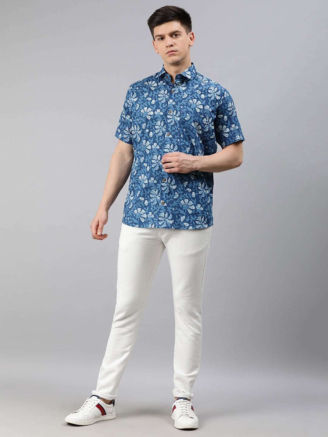 Blue Cotton Short Sleeves Shirts For Men-MMH04 - NOZ2TOZ