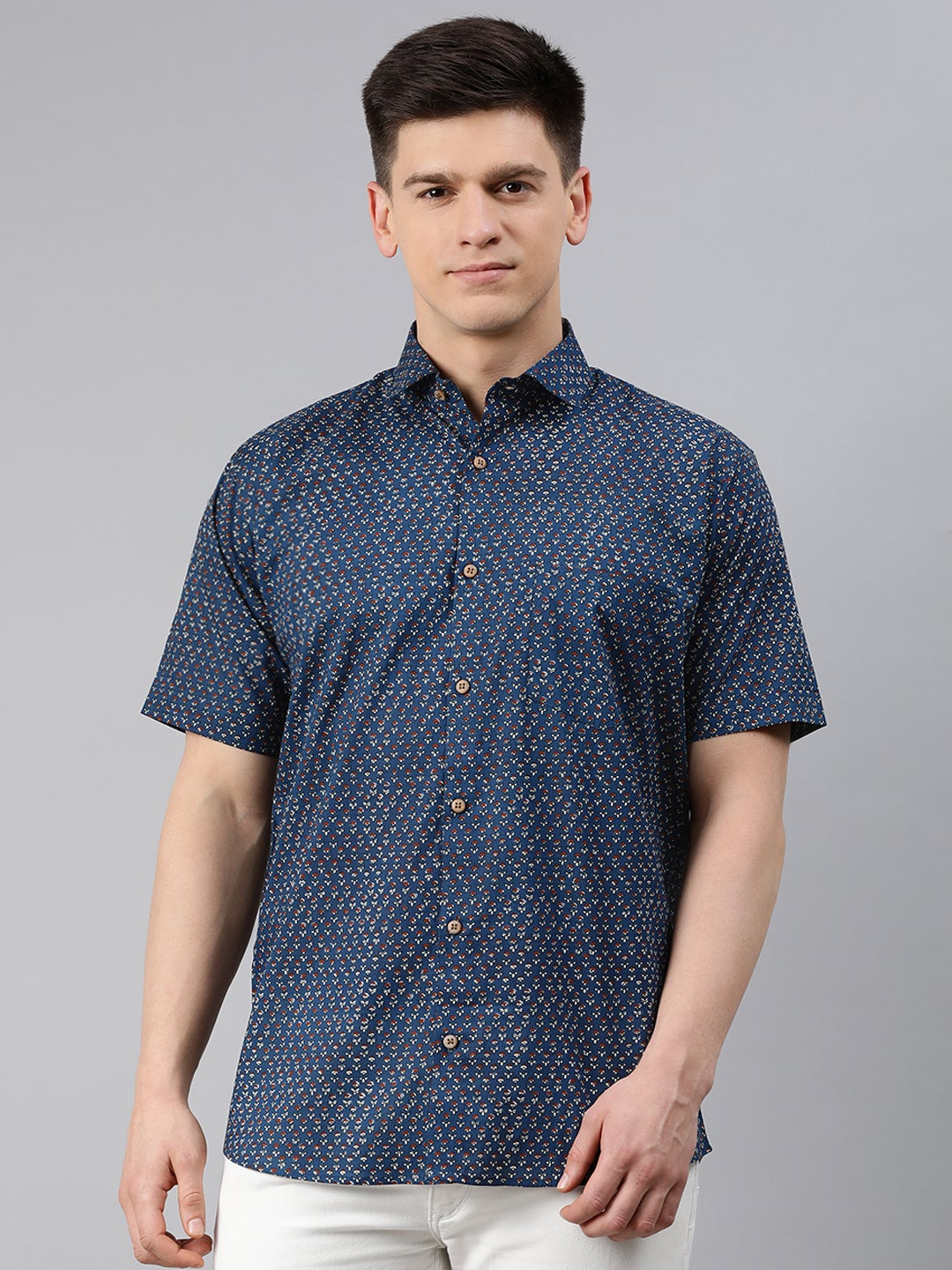 Blue Cotton Short Sleeves Shirts For Men-MMH042 - NOZ2TOZ