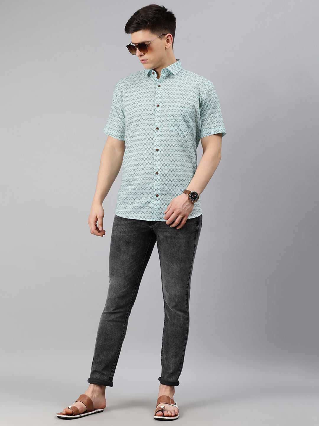 Sea Green Cotton Short Sleeves Shirts For Men-MMH046 - NOZ2TOZ