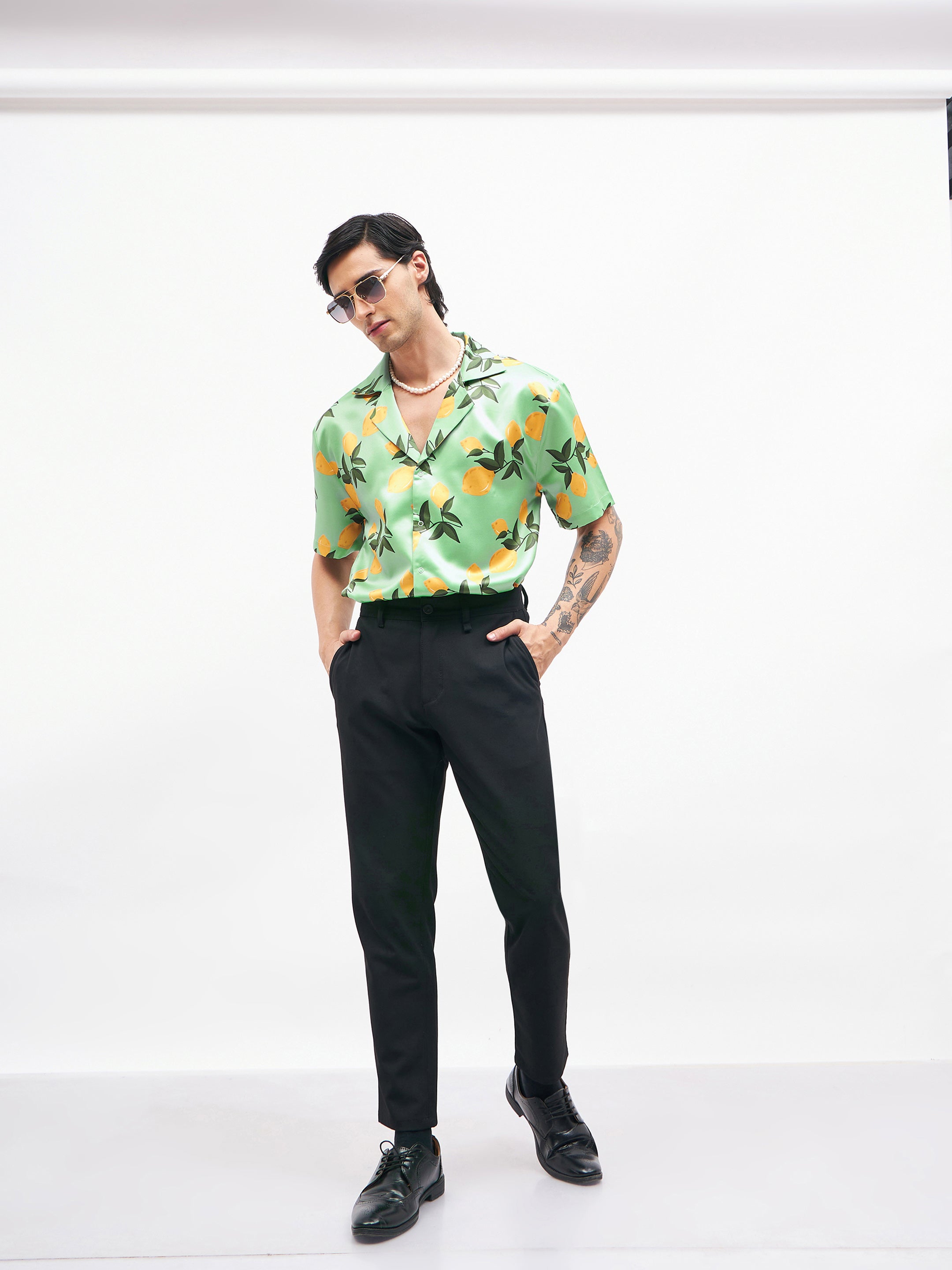 Men Green Tropical Short Sleeves Satin Shirt