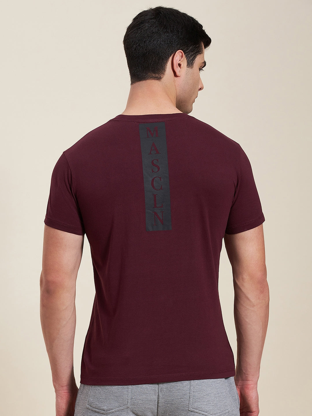 N2Z2TOZ - Men Burgundy Slim Fit Back Printed MASCLN Logo T-Shirt