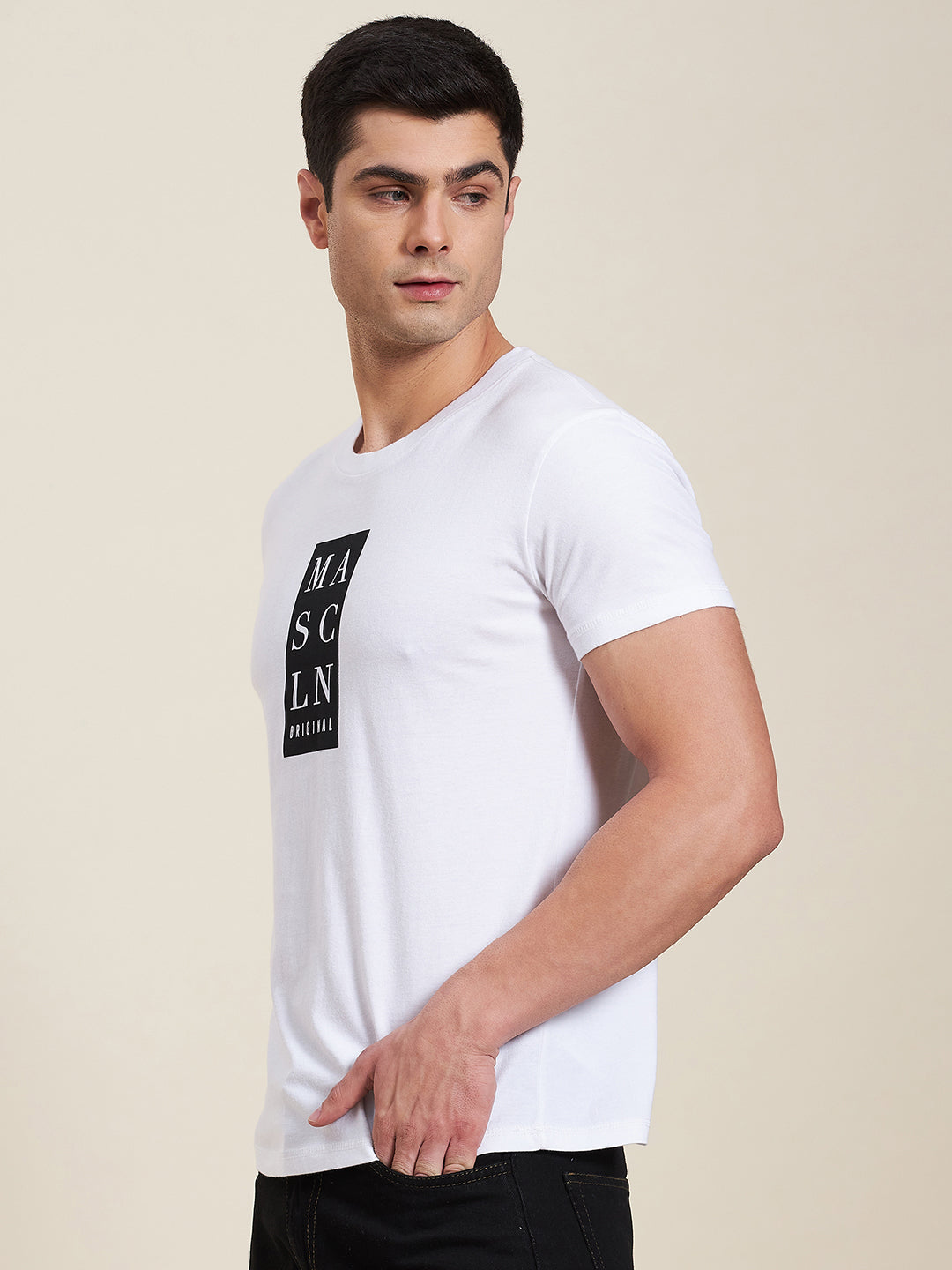 N2Z2TOZ - Men White Vertical MASCLN Slim Fit T-Shirt