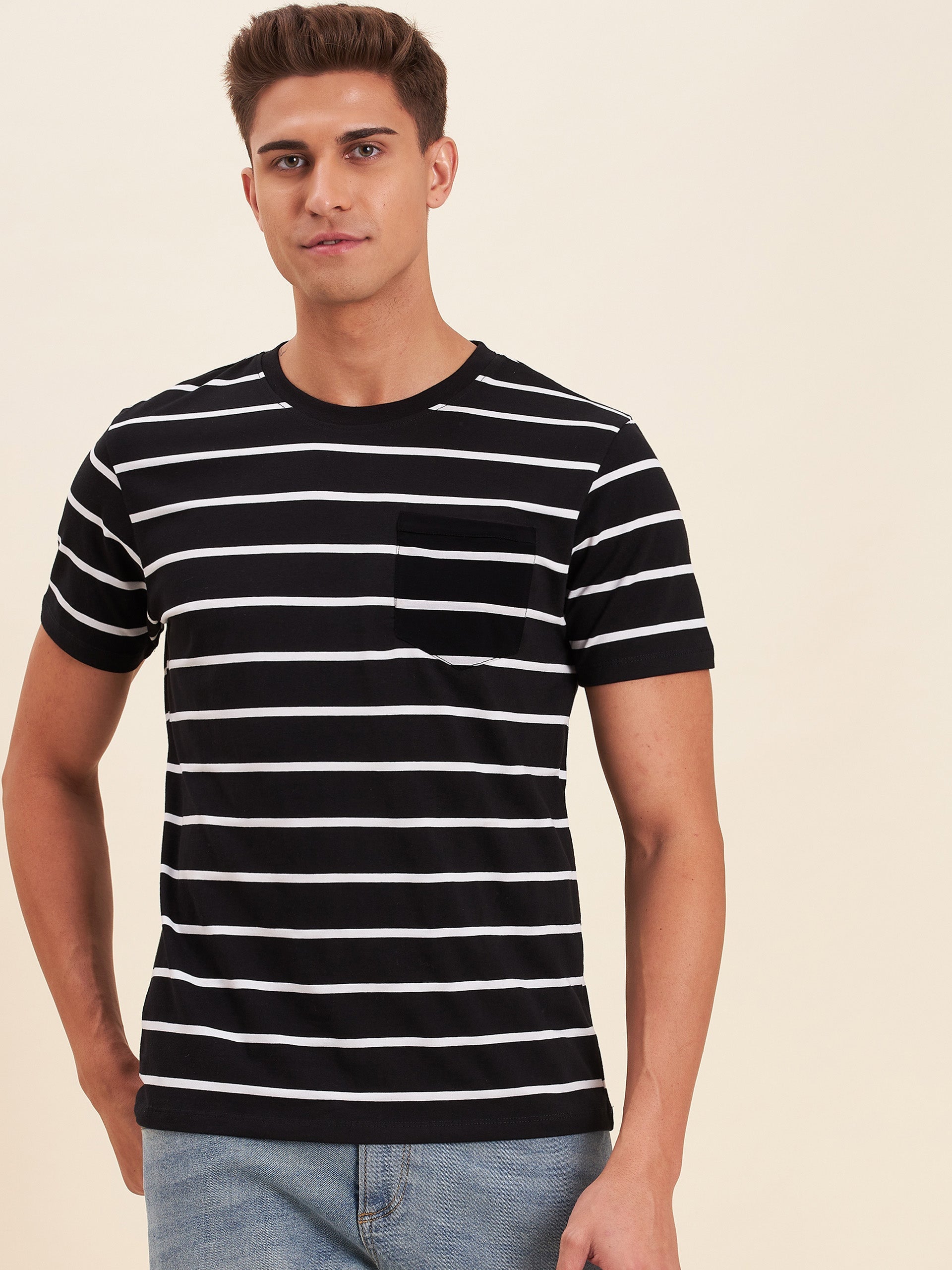 Men Black & White Stripes Pocket Cotton T-Shirt - NOZ2TOZ