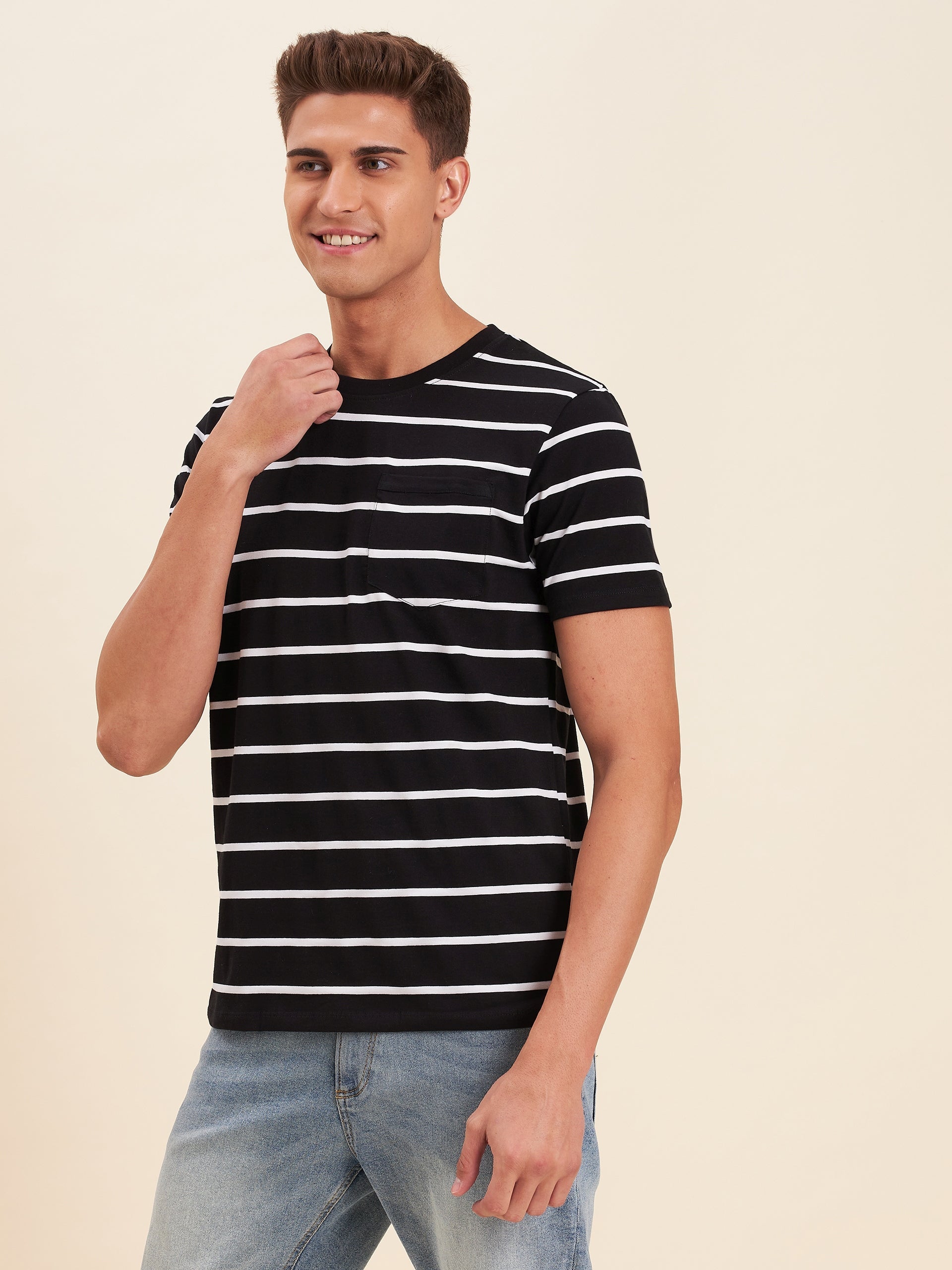 Men Black & White Stripes Pocket Cotton T-Shirt - NOZ2TOZ