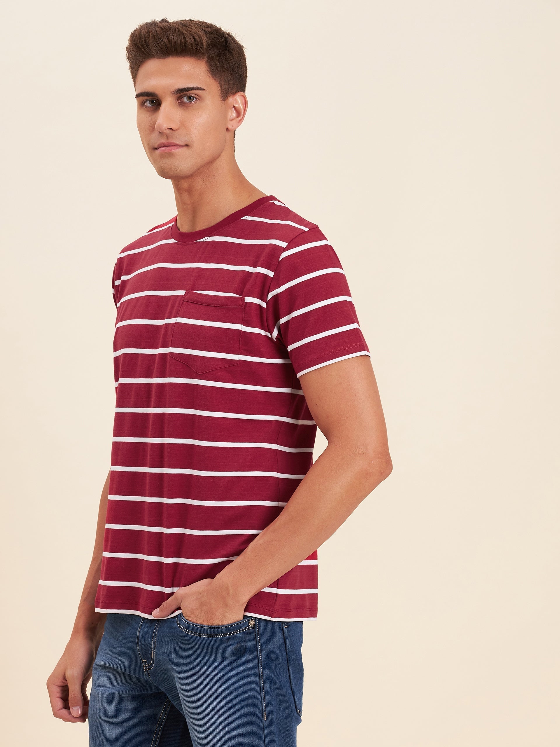 Men Red & White Stripes Pocket Cotton T-Shirt - NOZ2TOZ