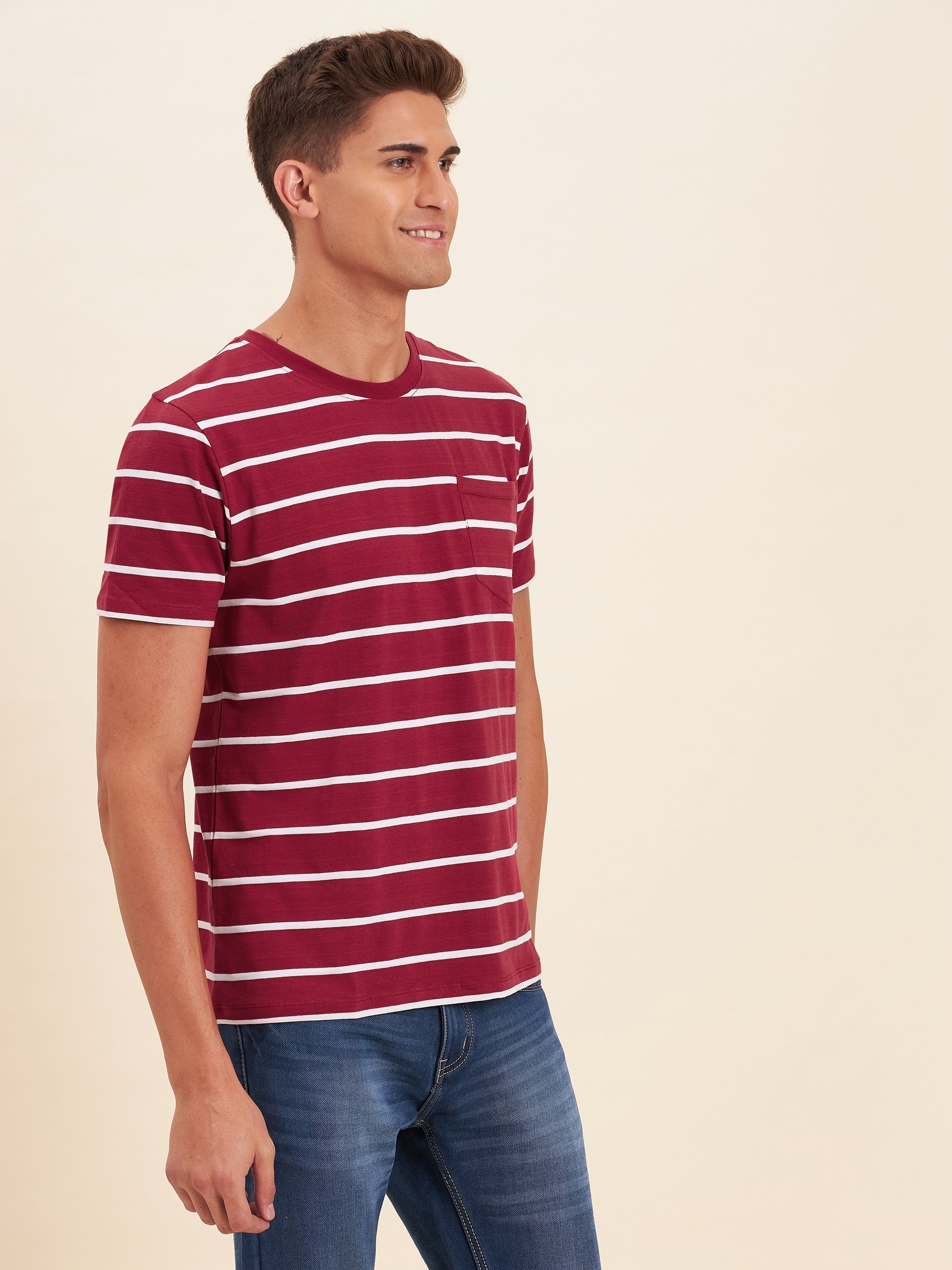Men Red & White Stripes Pocket Cotton T-Shirt - NOZ2TOZ