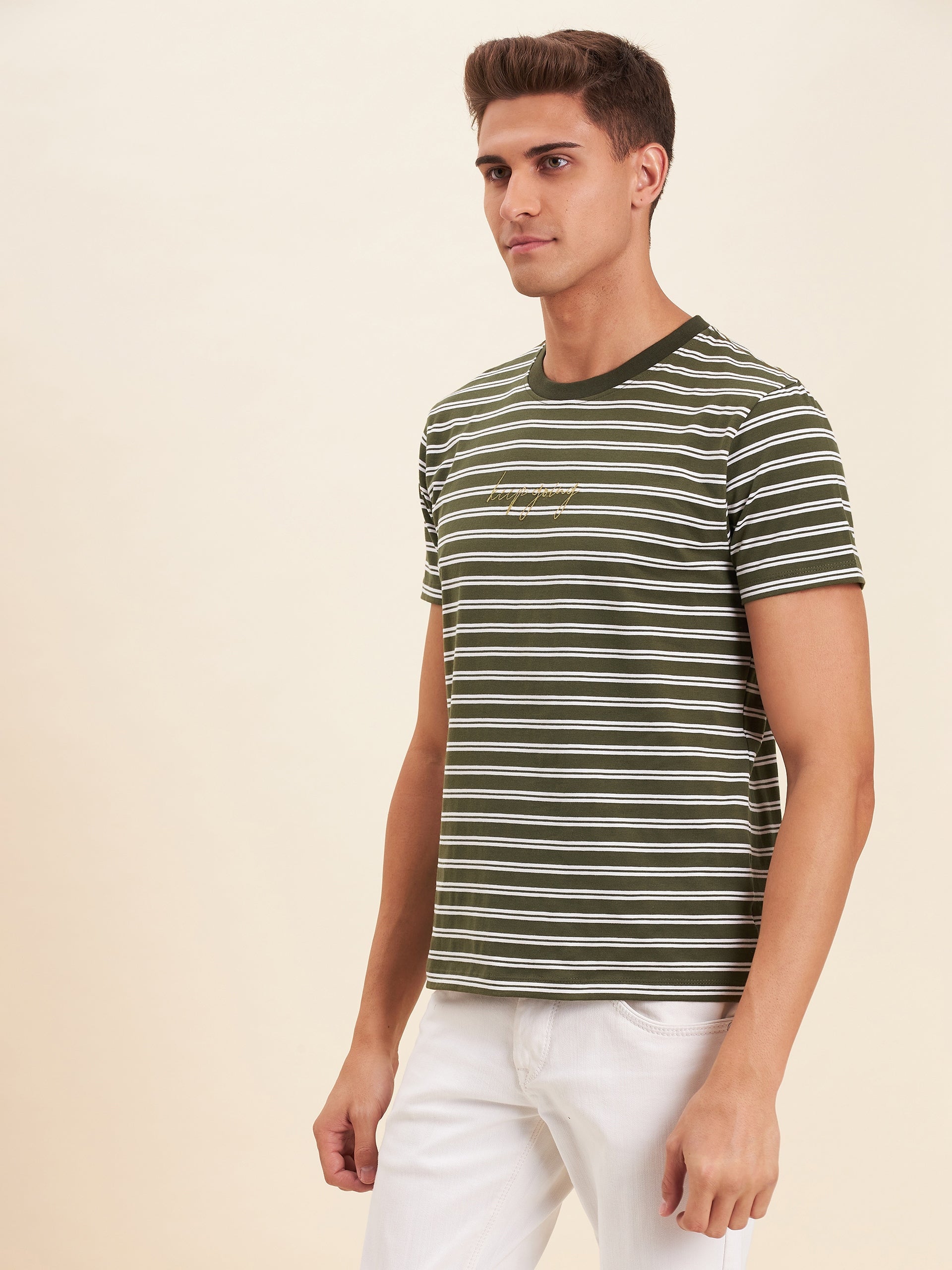 Men Olive & White Stripes Embroidered Cotton T-Shirt - NOZ2TOZ