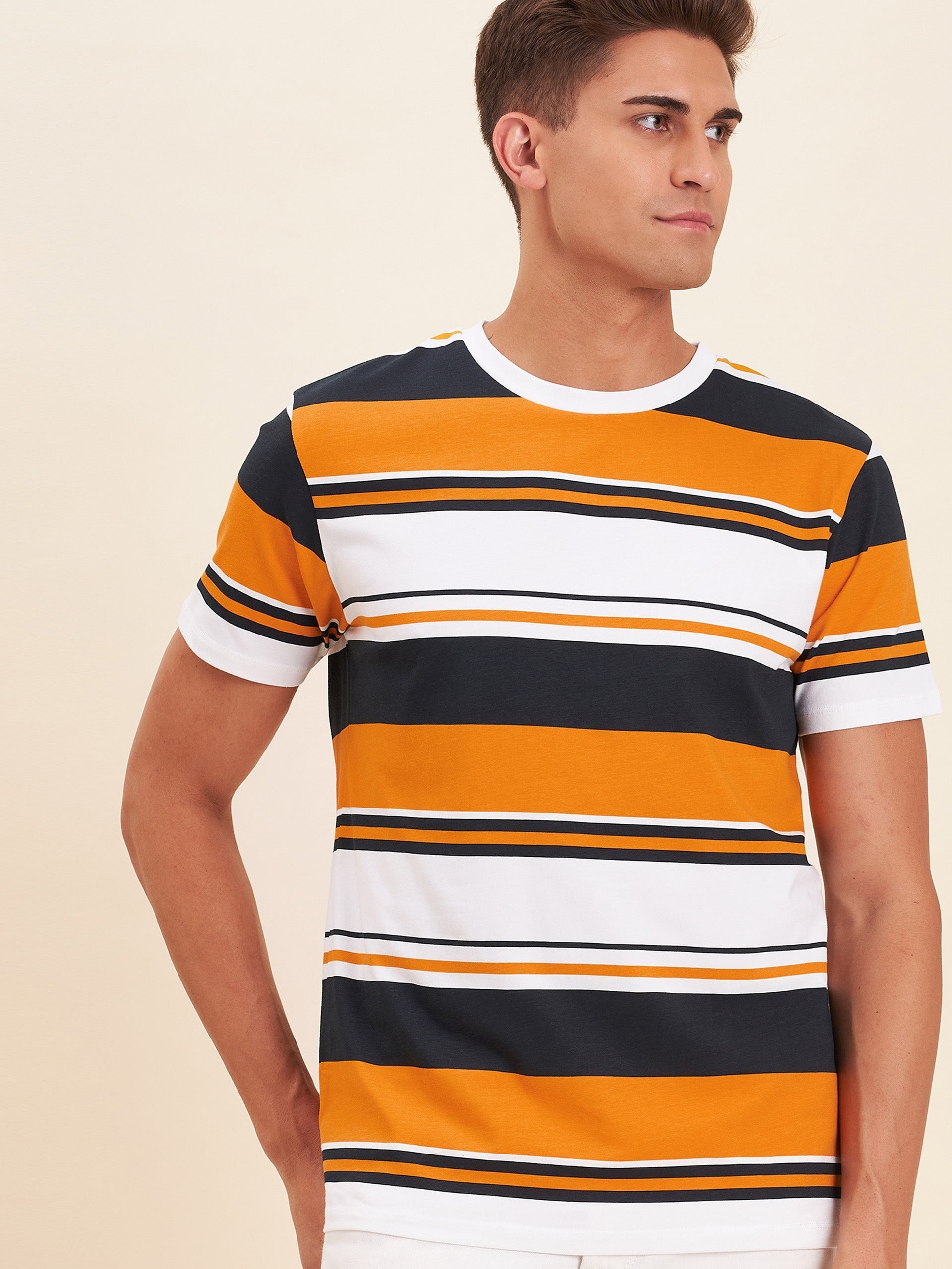 Men Mustard Multi Stripes Cotton T-Shirt - NOZ2TOZ