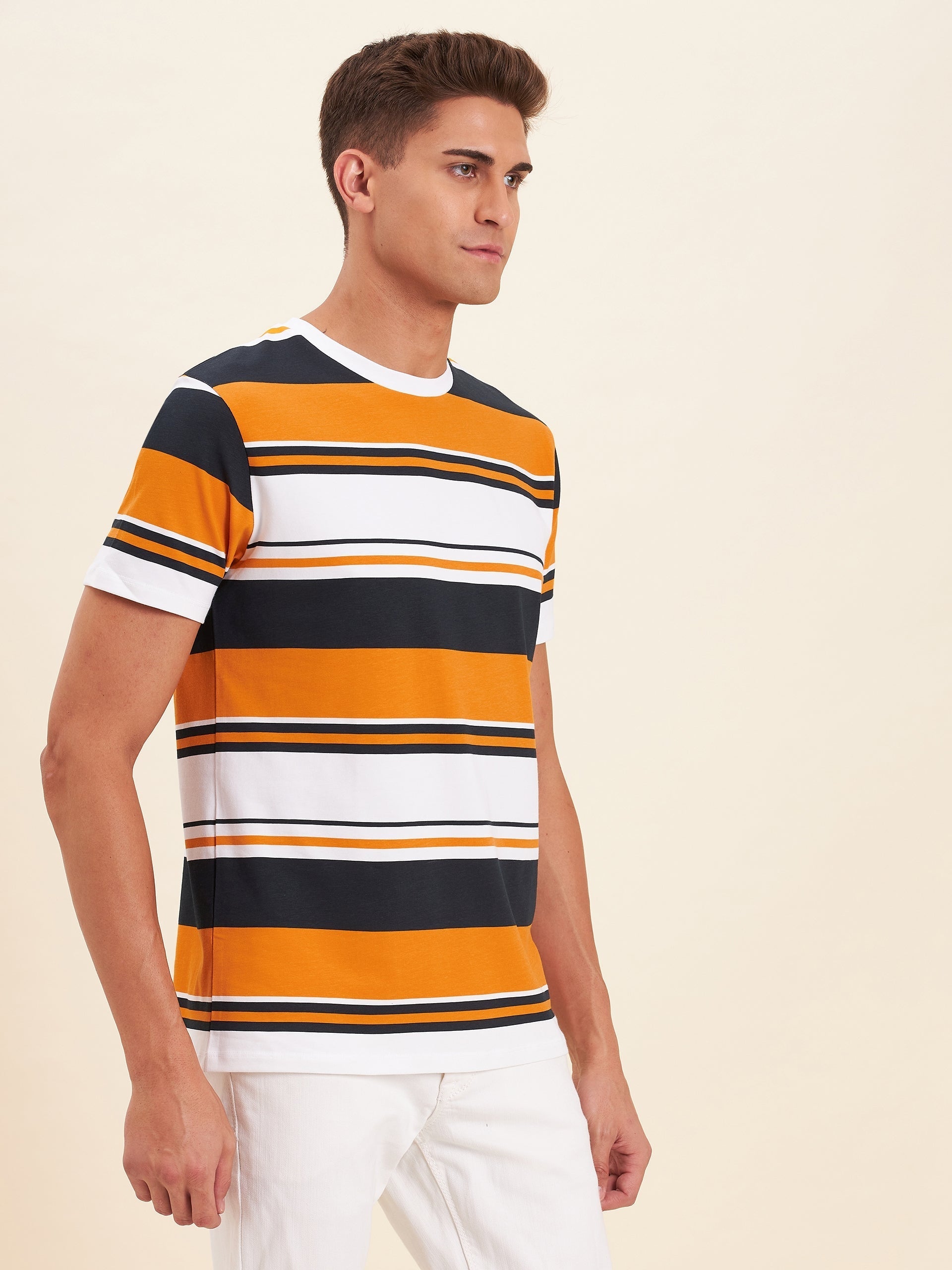 Men Mustard Multi Stripes Cotton T-Shirt - NOZ2TOZ