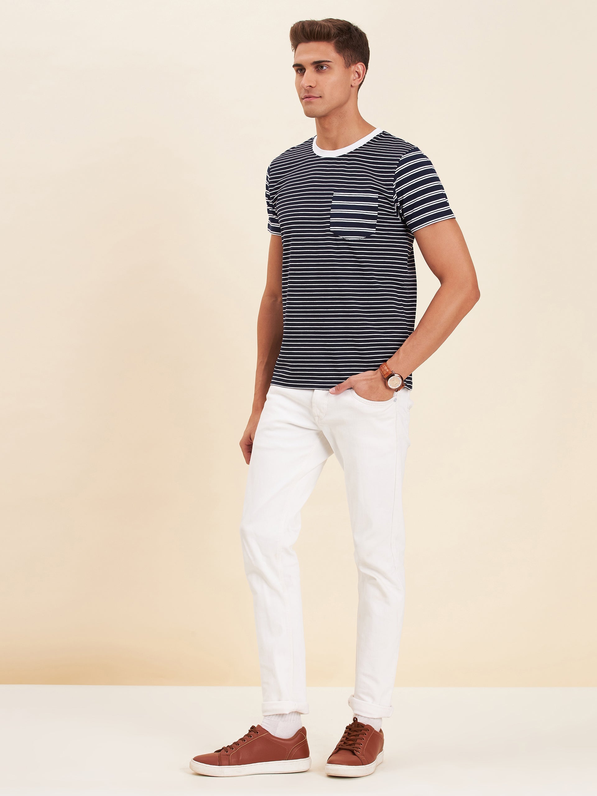 Men Navy & White Stripes Pocket Cotton T-Shirt - NOZ2TOZ