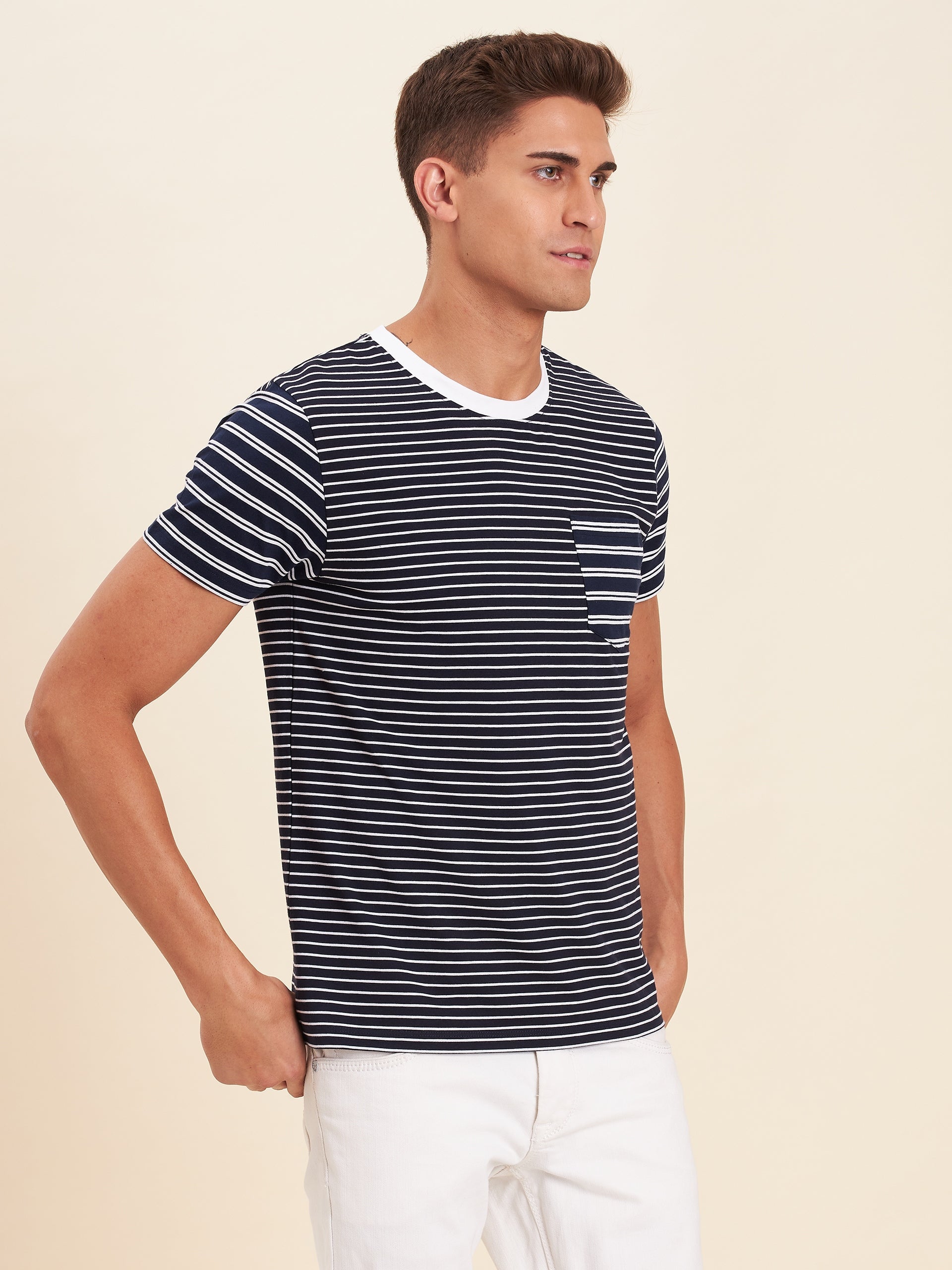Men Navy & White Stripes Pocket Cotton T-Shirt - NOZ2TOZ