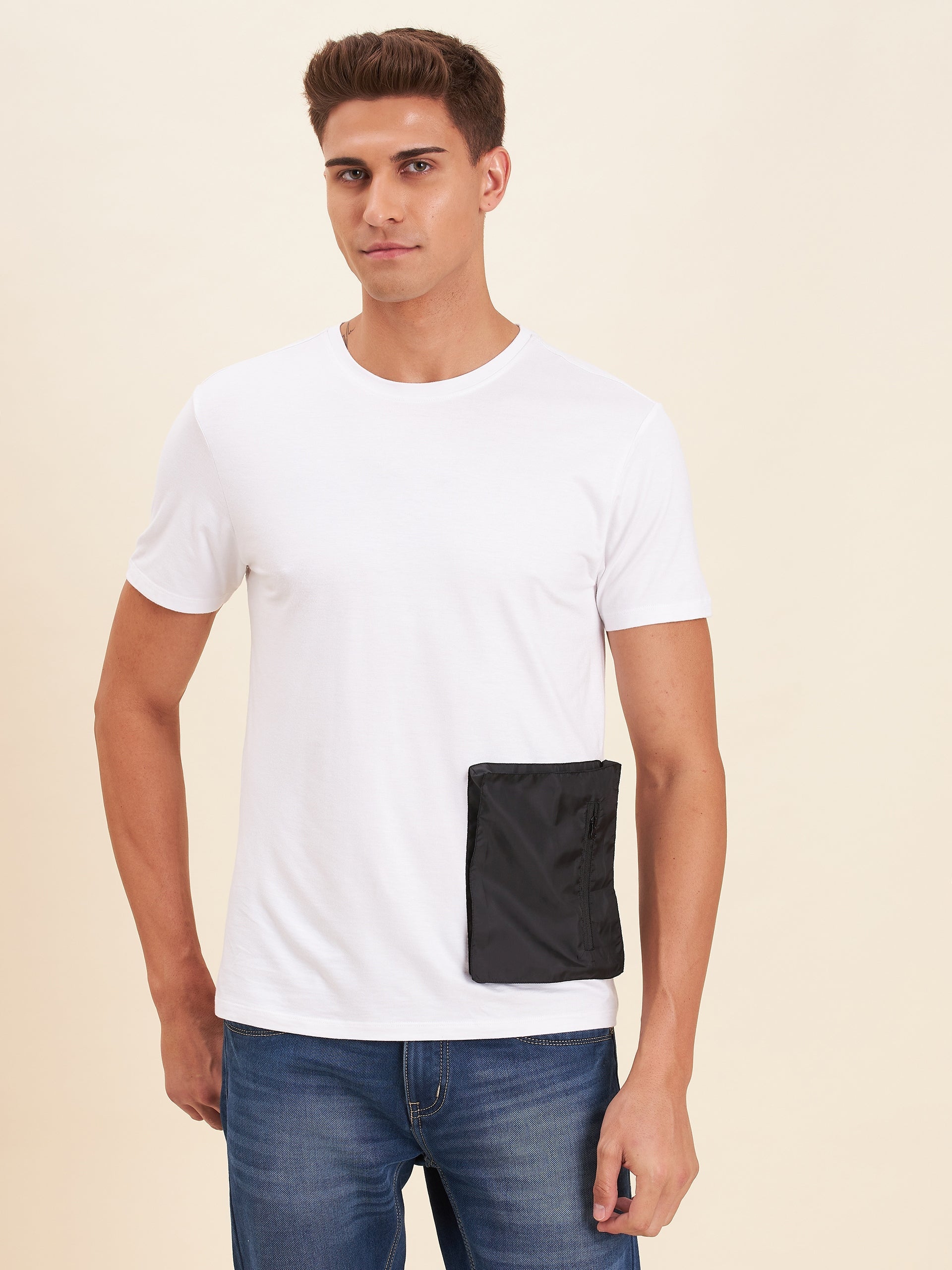 Men White Viscose Zipper Box Pocket T-Shirt - NOZ2TOZ
