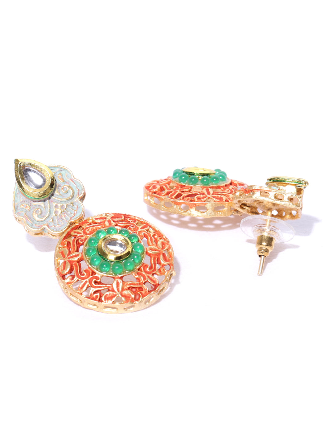 Orange Green Kundan Gold Plated Meenakari Jewellery Set - NOZ2TOZ