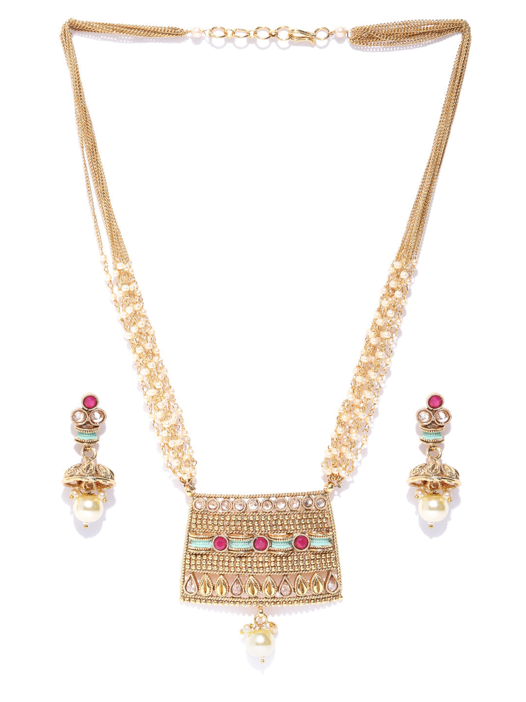 White Beads Kundan Ruby Gold Plated Multistrand Jewellery Set - NOZ2TOZ