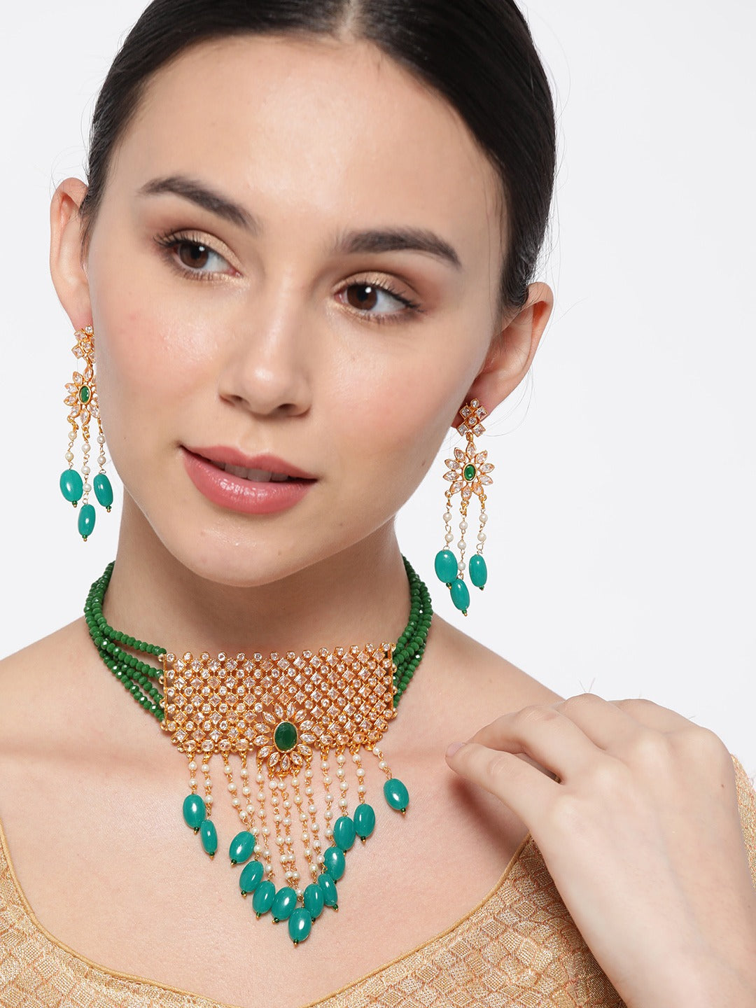 Green Beads Kundan Emerald Gold Plated Jewellery Set - NOZ2TOZ