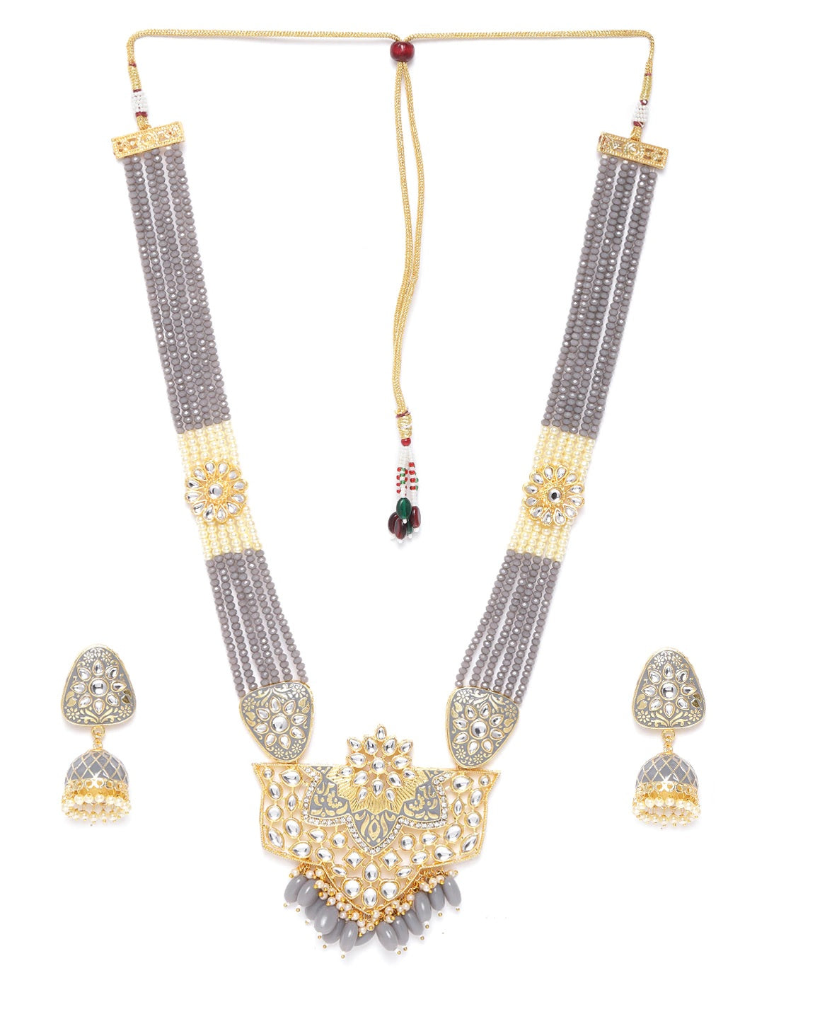 Grey Pearls Beads Kundan Gold Plated Ranihaar Jewellery Set - NOZ2TOZ
