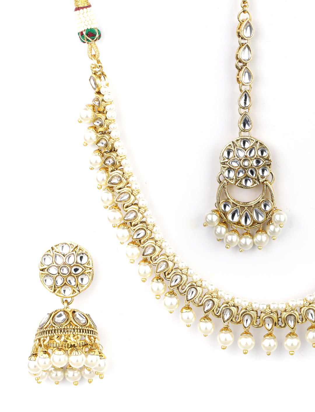 White Beads Kundan Pearls Gold Plated Traditional MaangTika Jewellery Set - NOZ2TOZ