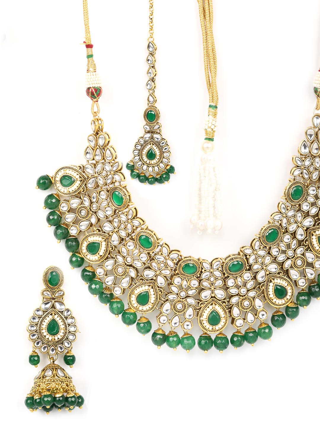 Green Pearls Beads Kundan Emerald Gold Plated Choker Set with Maang Tikka - NOZ2TOZ