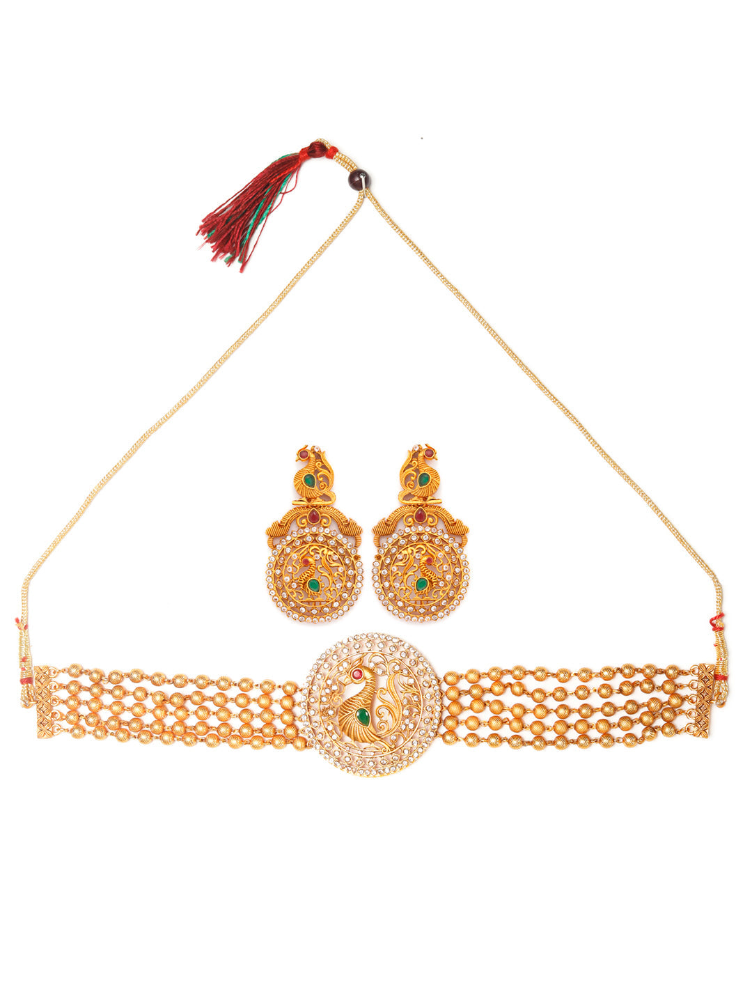 Traditional Ruby & Emerald Gold Plated Peacock Jewellery Set - NOZ2TOZ