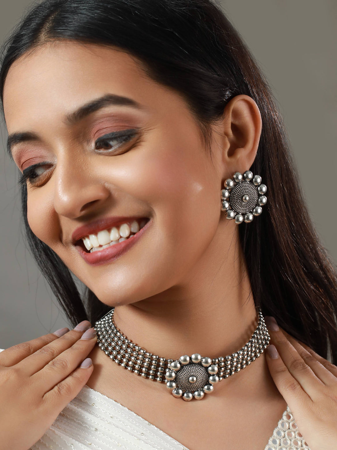 Oxidised Silver Floral Multilayer Chain Jewellery Set - NOZ2TOZ