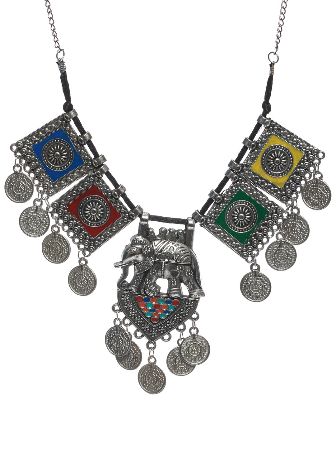Oxidised Silver Multicolor Floral Elephant Pattern Jewellery Set - NOZ2TOZ