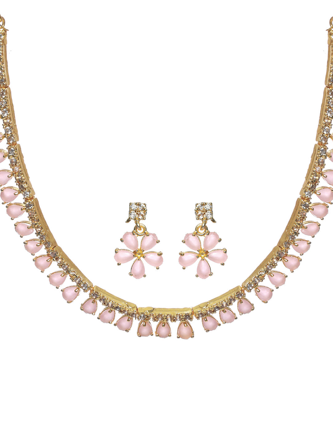 Pink Floral Leaf Gold Plated AD Studded Jewellery Set - NOZ2TOZ