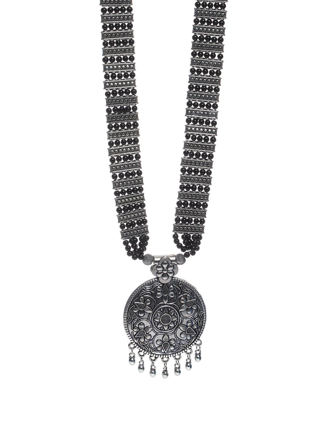 Oxidised Silver Floral Black Beaded Necklace - NOZ2TOZ