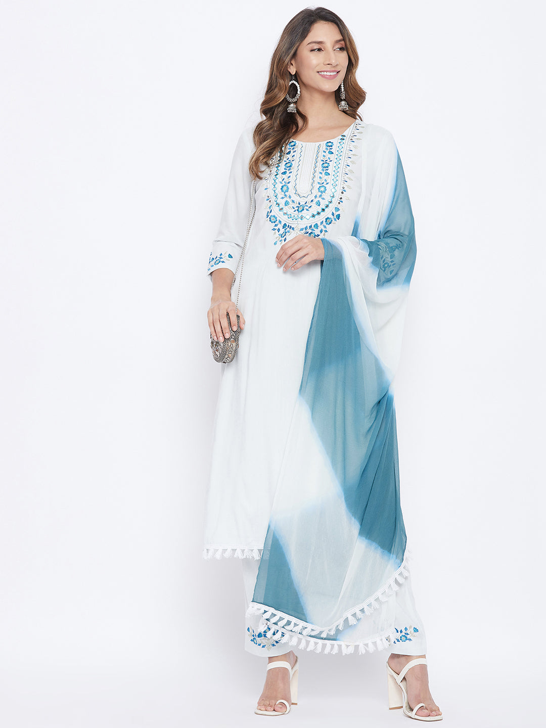Women White Blue Floral Embroidered Regular Kurta With Trousers Dupatta