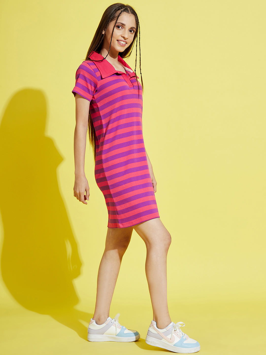 Girls Pink & Purple Stripes Rib Polo Neck Dress - NOZ2TOZ