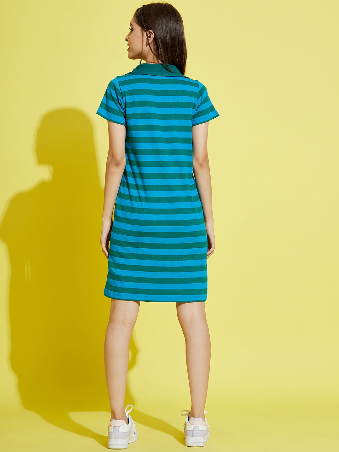 Girls Blue & Green Stripes Rib Polo Neck Dress - NOZ2TOZ