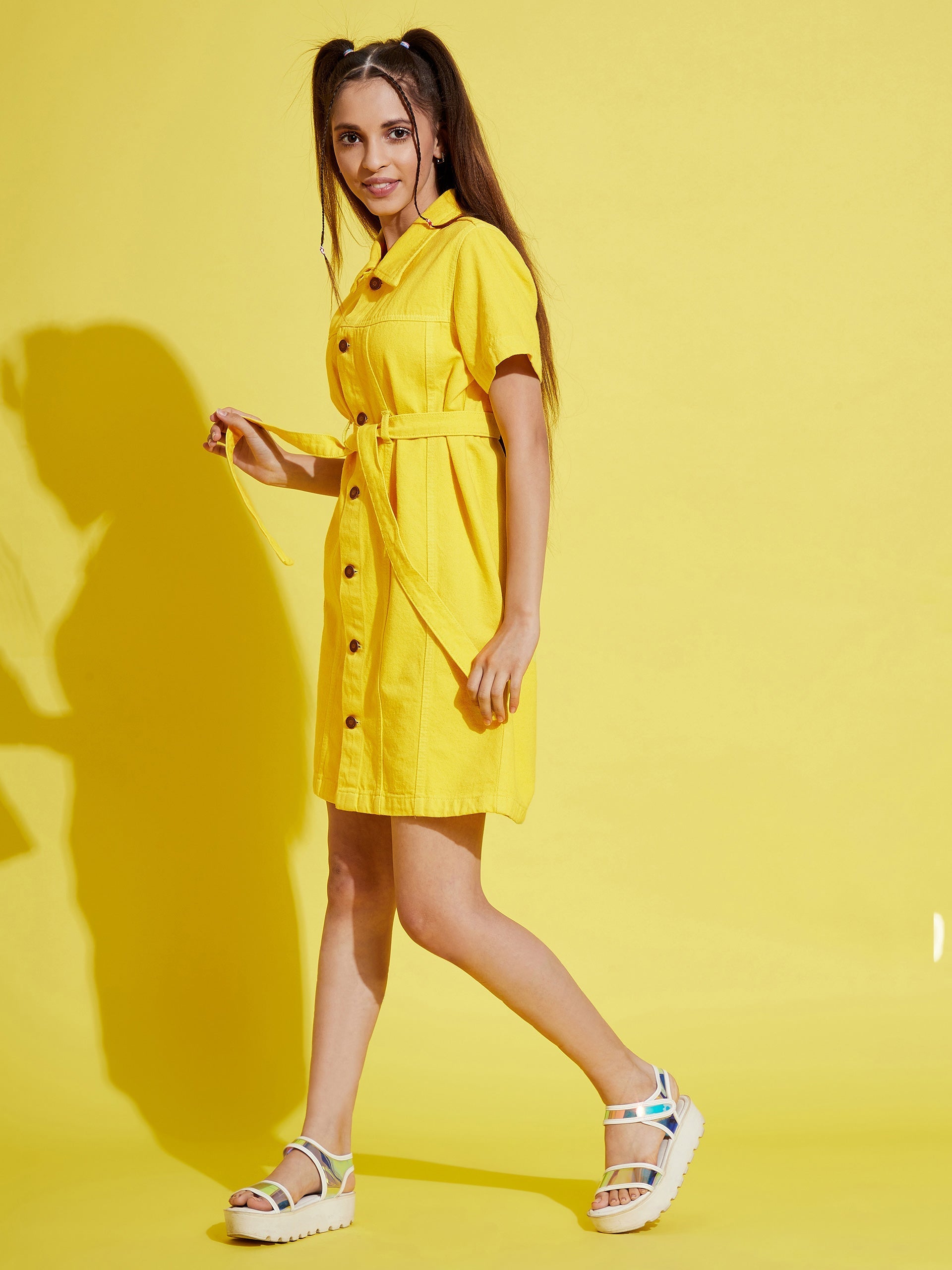 Girls Yellow Front Button Denim Shirt Dress - NOZ2TOZ