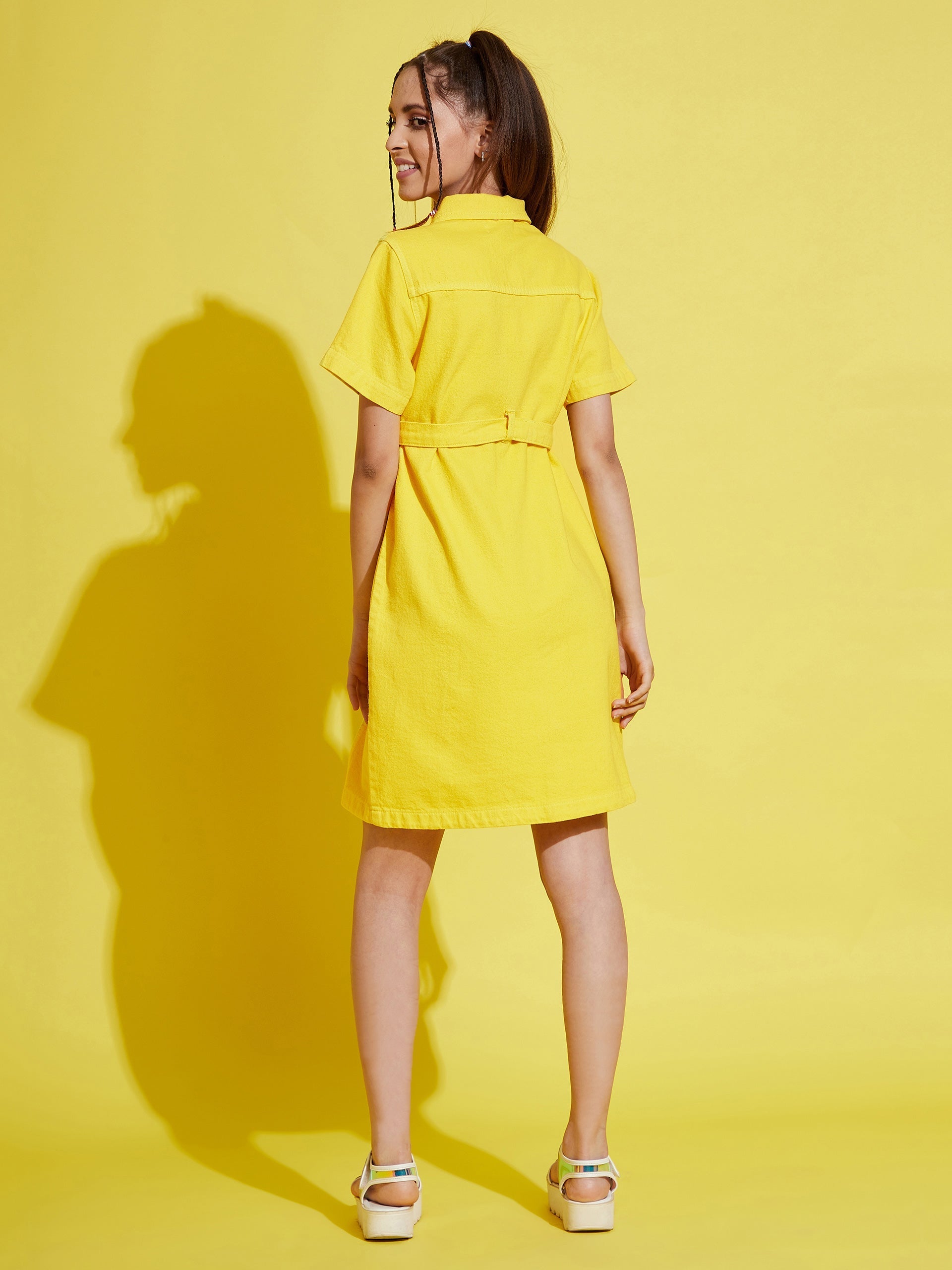 Girls Yellow Front Button Denim Shirt Dress - NOZ2TOZ