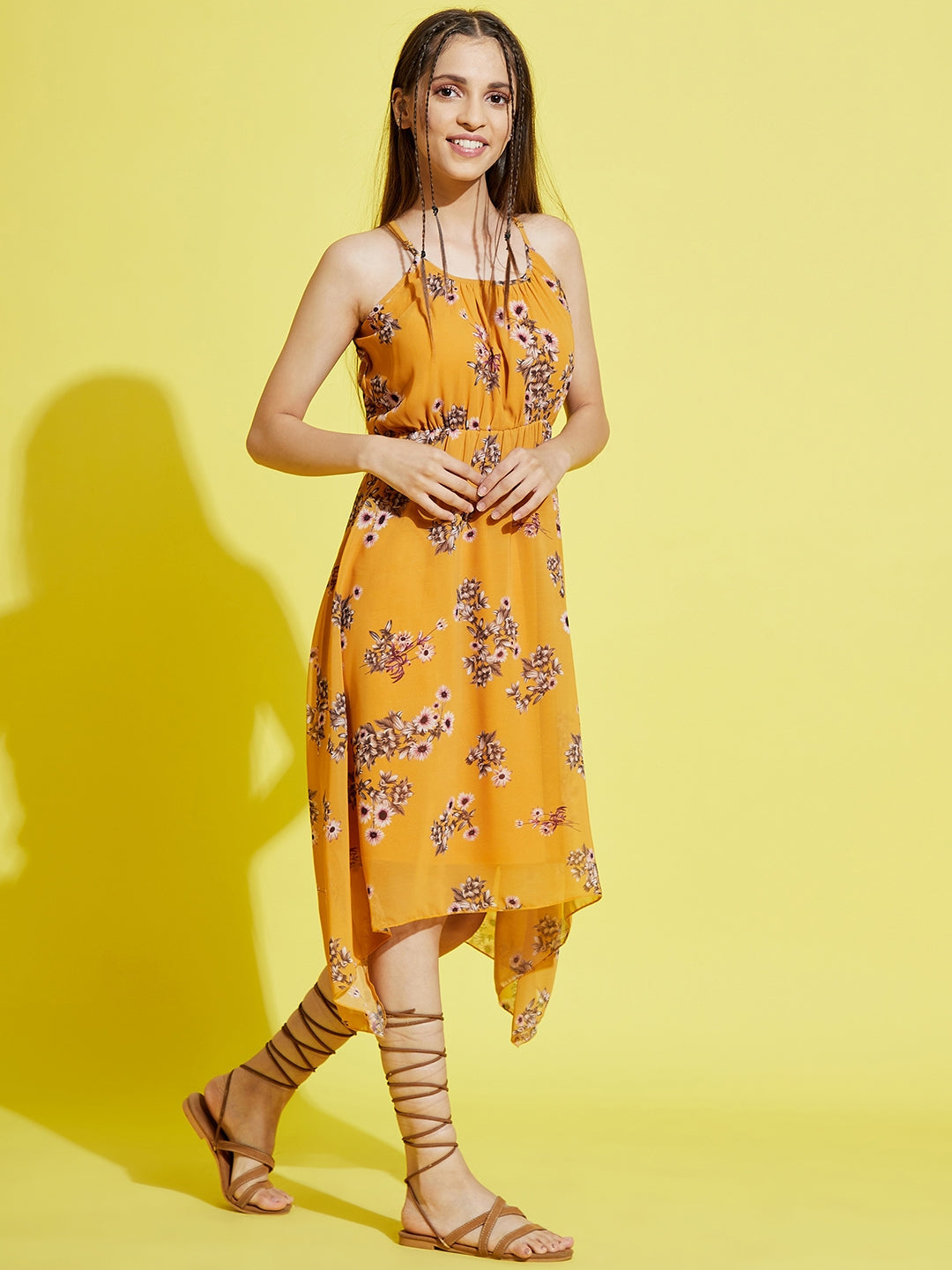 Girls Mustard Floral Strappy Dress - NOZ2TOZ