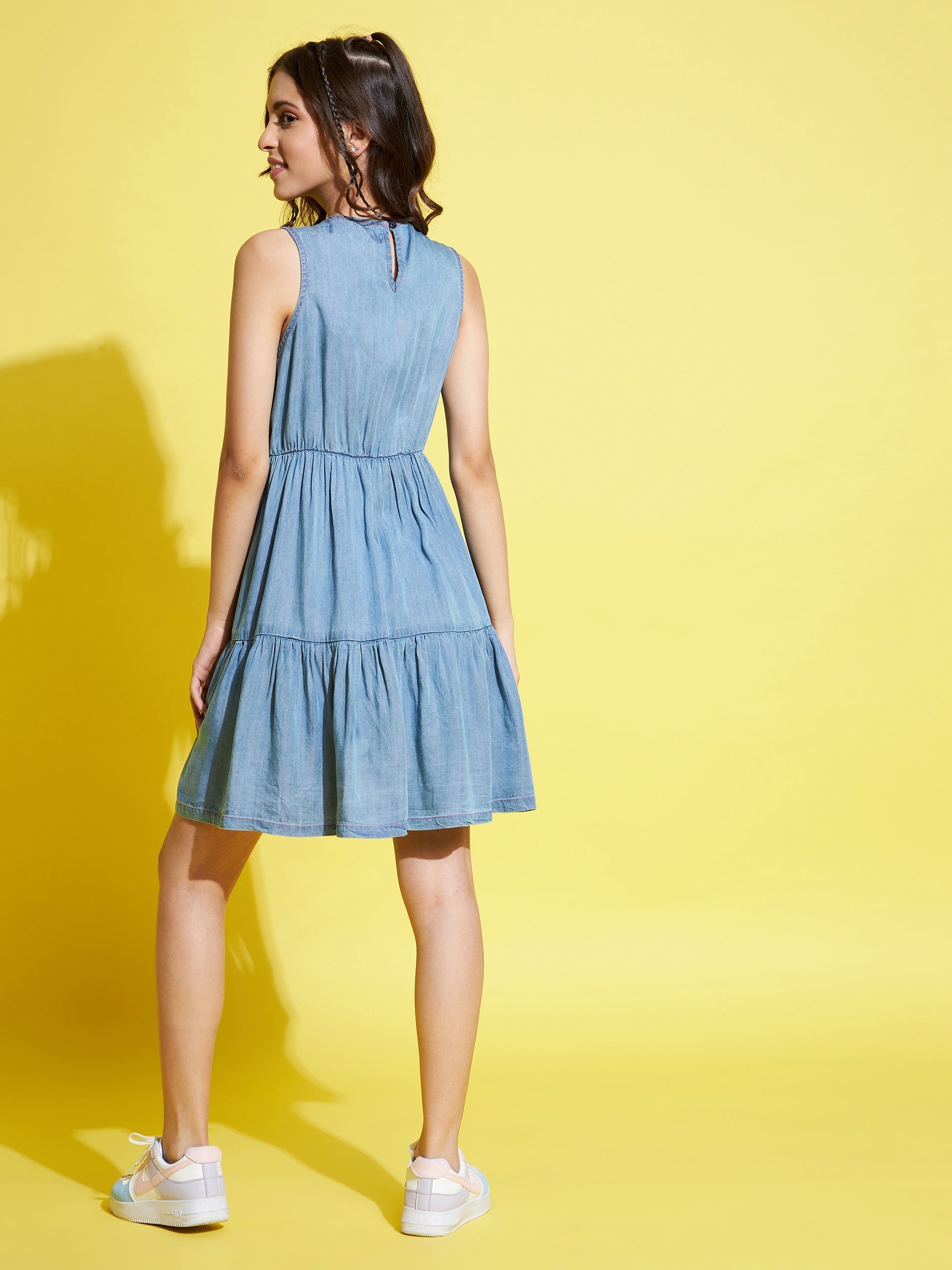 Girls Blue Tencel Contrast Thread Sleeveless Tiered Dress - NOZ2TOZ