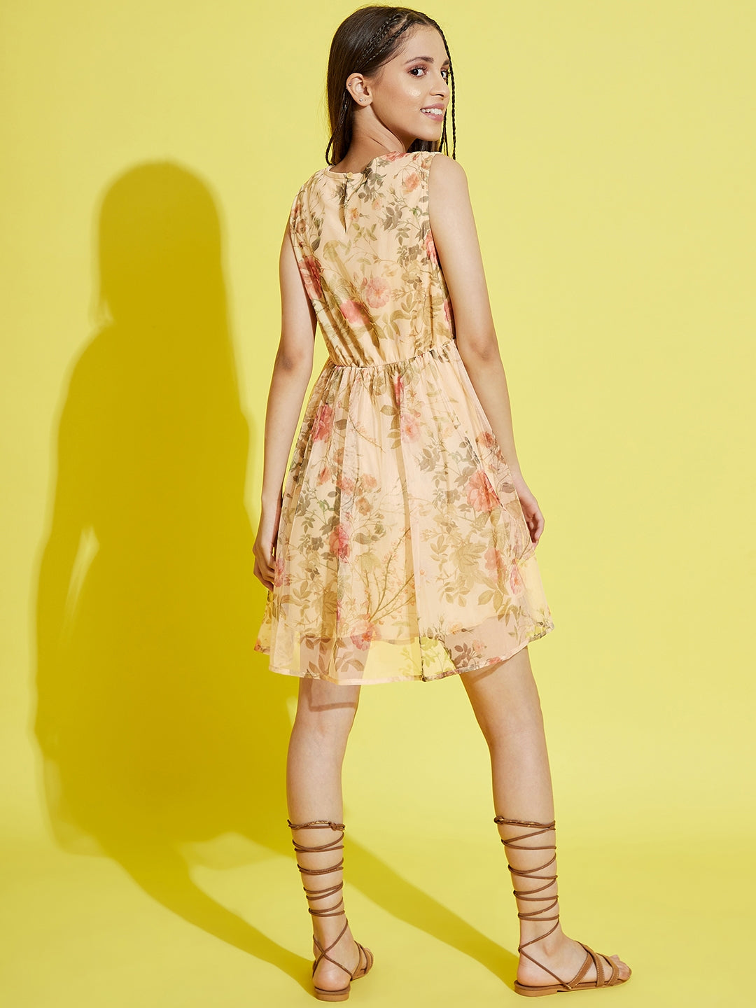 Girls Yellow Floral Printed Tulle Gathered Dress - NOZ2TOZ