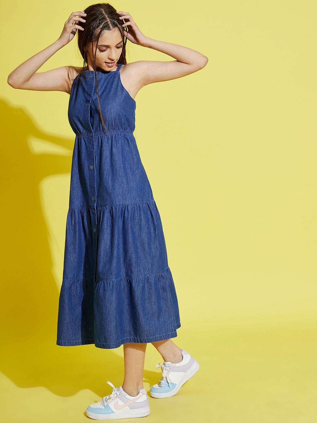Girls Blue Tencel Front Button Tiered Strappy Dress - NOZ2TOZ