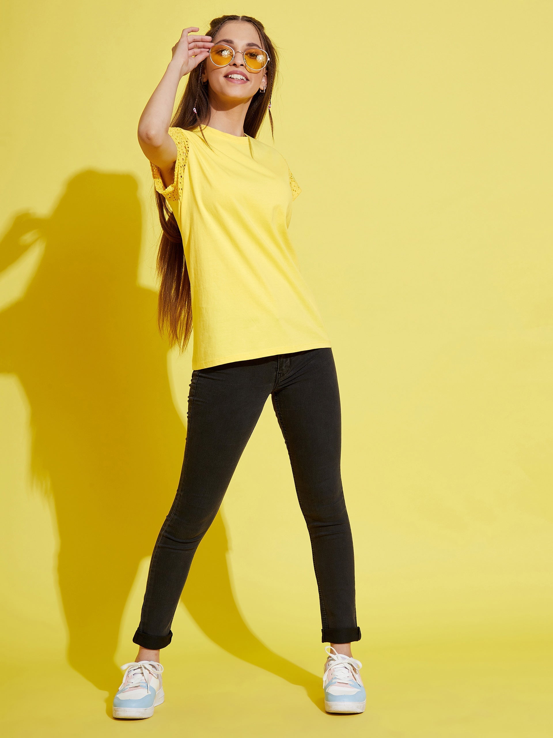 Girls Yellow Schiffli Detail T-Shirt - NOZ2TOZ