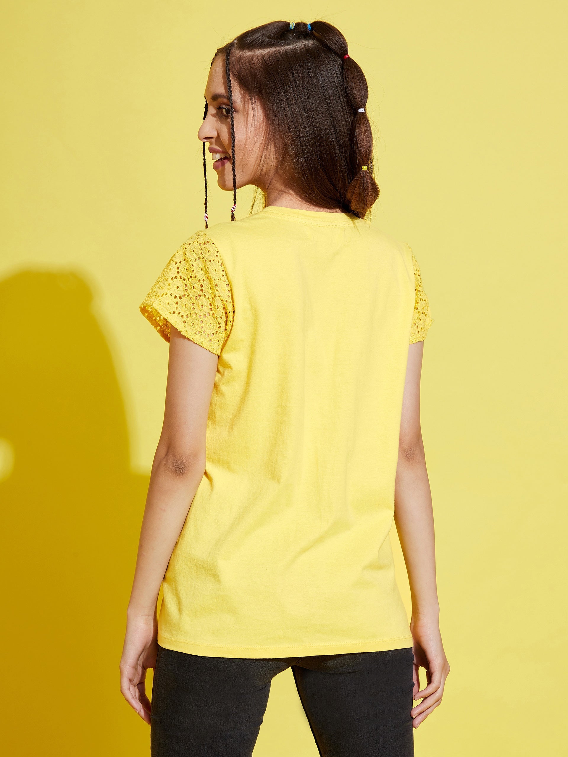 Girls Yellow Schiffli Detail T-Shirt - NOZ2TOZ