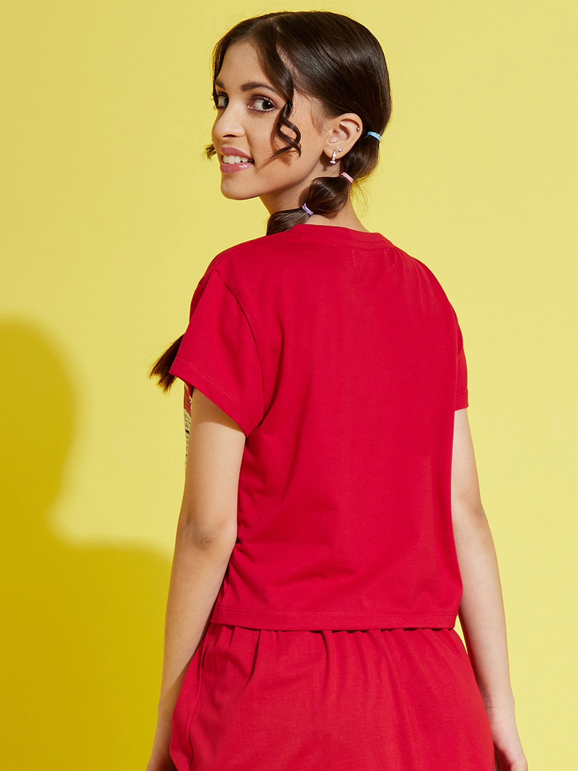 Girls Red Newspaper Pocket Crop T-Shirt - NOZ2TOZ