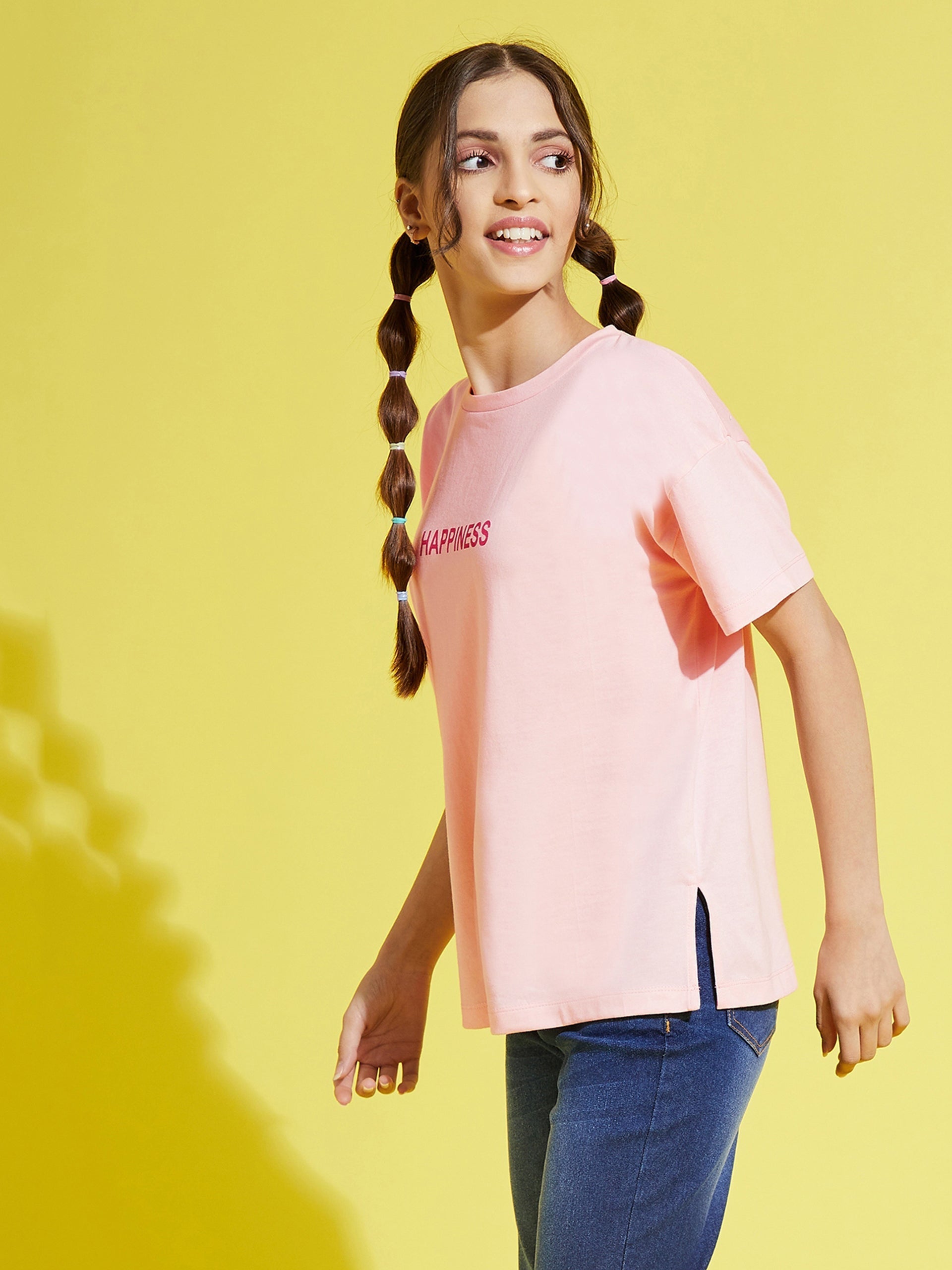 Girls Pale Pink HAPPINESS Drop Shoulder T-Shirt - NOZ2TOZ