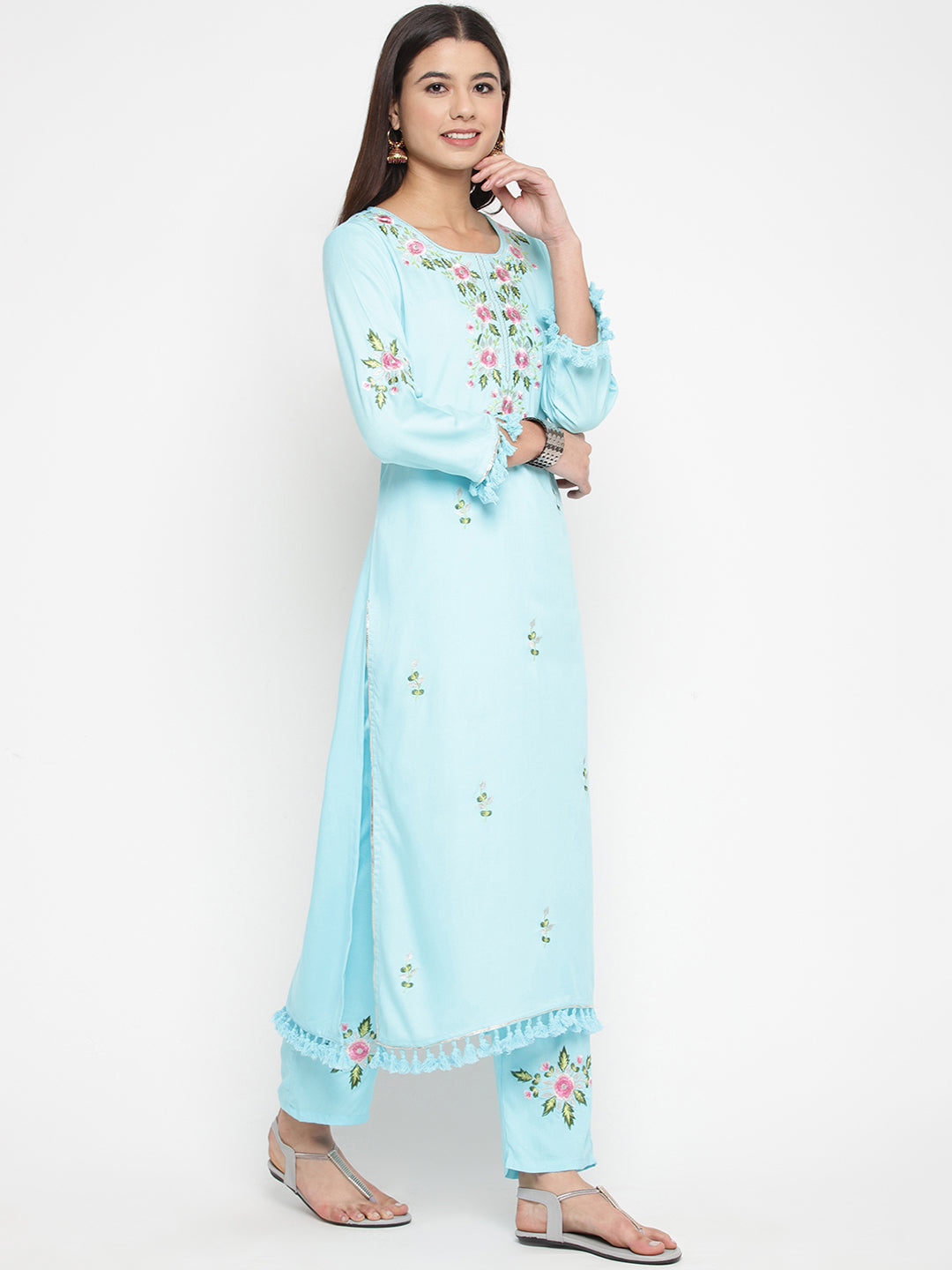 Women Blue Embroidered Kurta with Trousers Dupatta